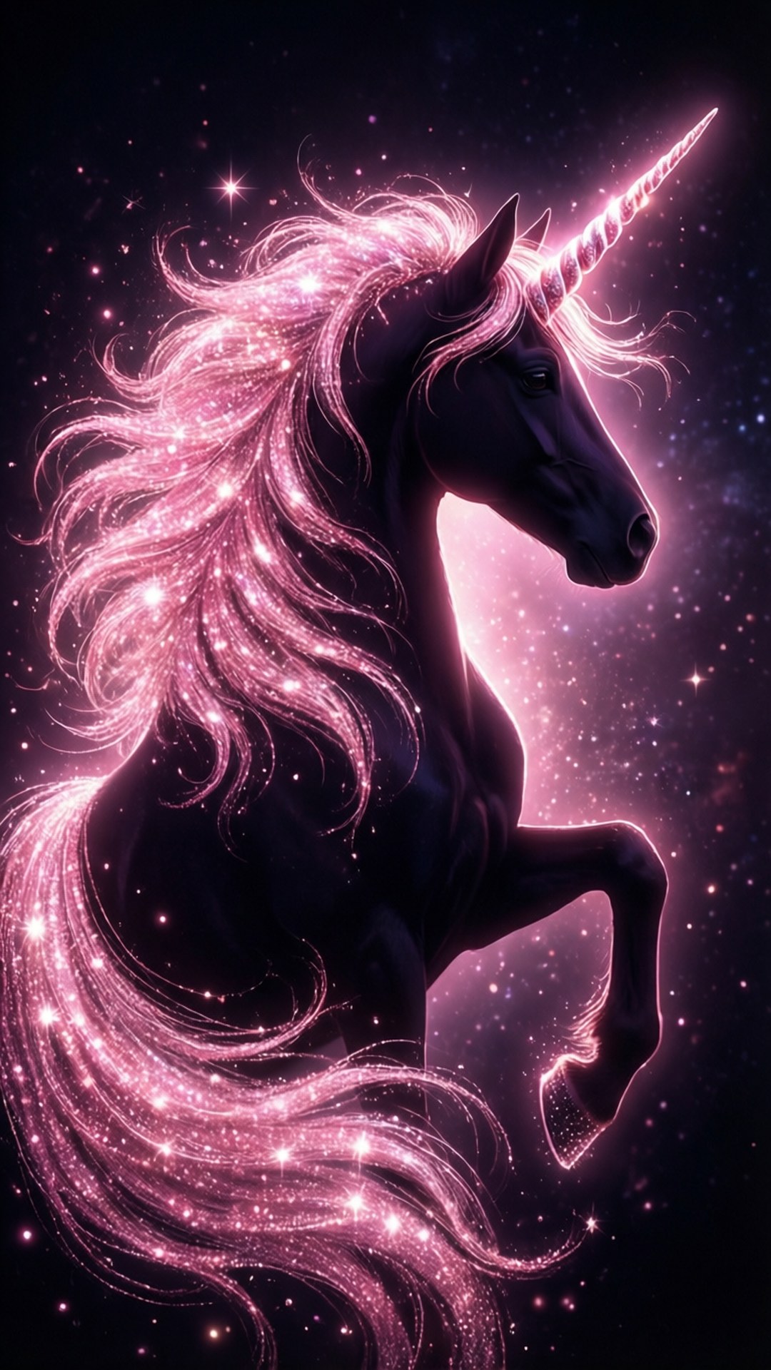 Sparkle Unicorn 壁紙 — 一隻雄偉的黑色獨角獸，擁有發光的粉紅色鬃毛和角，在星光熠熠的宇宙背景下傲然挺立。