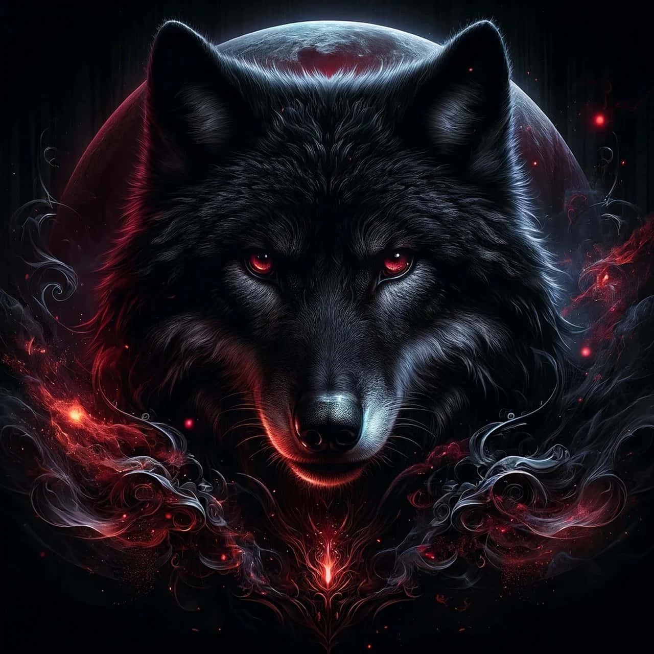  壁紙 — 一隻雄偉的黑狼，眼睛發出紅光，在黑暗的宇宙背景下，有旋轉的紅色能量和發光的月亮，直視前方。