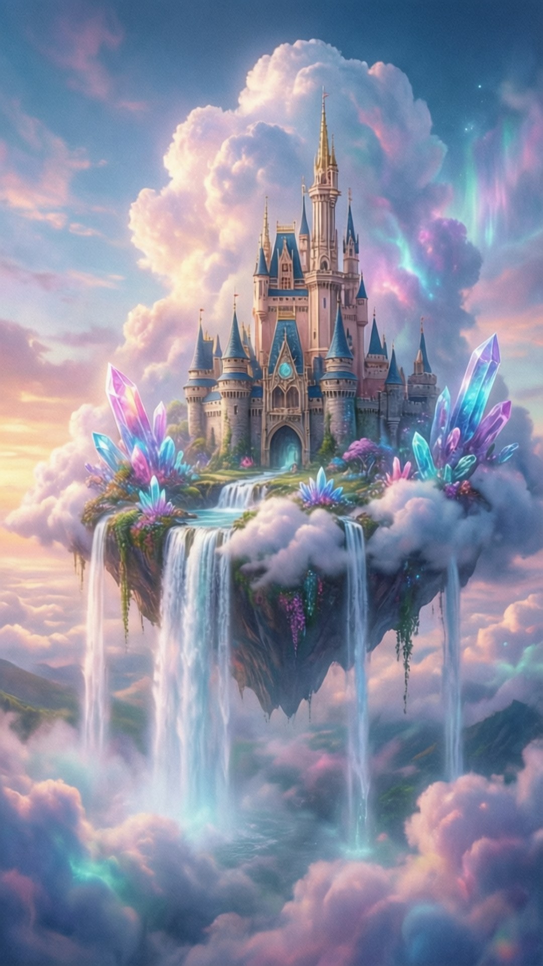 Cloud Castle Dreams 壁紙 — 一座雄偉的城堡漂浮在雲島上，有層疊的瀑布和發光的紫色水晶，在粉彩天空下。