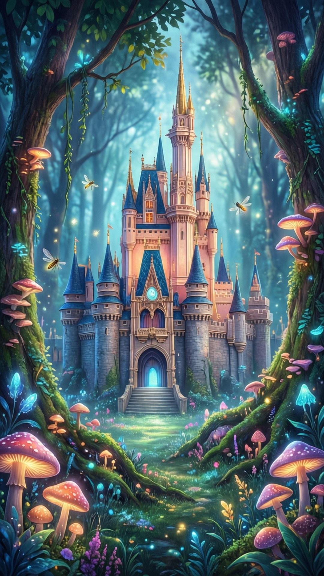 Fairy Tale Castle in Enchanted Forest 壁紙 — 一座宏偉的城堡，擁有發光的藍色尖頂和溫暖的金色燈光，矗立在神秘森林的中心，森林裡充滿了發光的蘑菇和飛舞的螢火蟲。