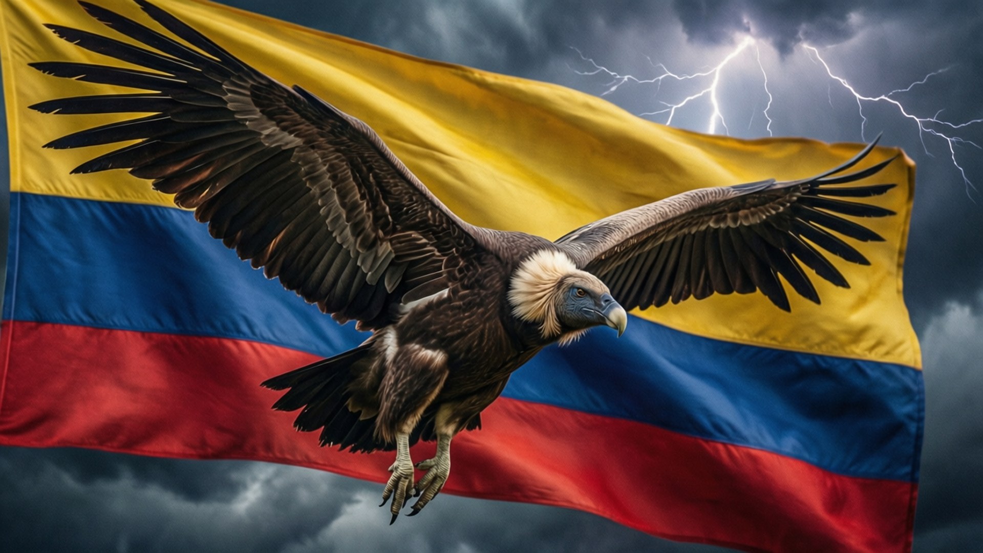 Condor and Flag 壁紙 — 一隻雄偉的禿鷹展翅翱翔，在雷電交加的暴風雨天空下，以戲劇性的哥倫比亞國旗為背景。