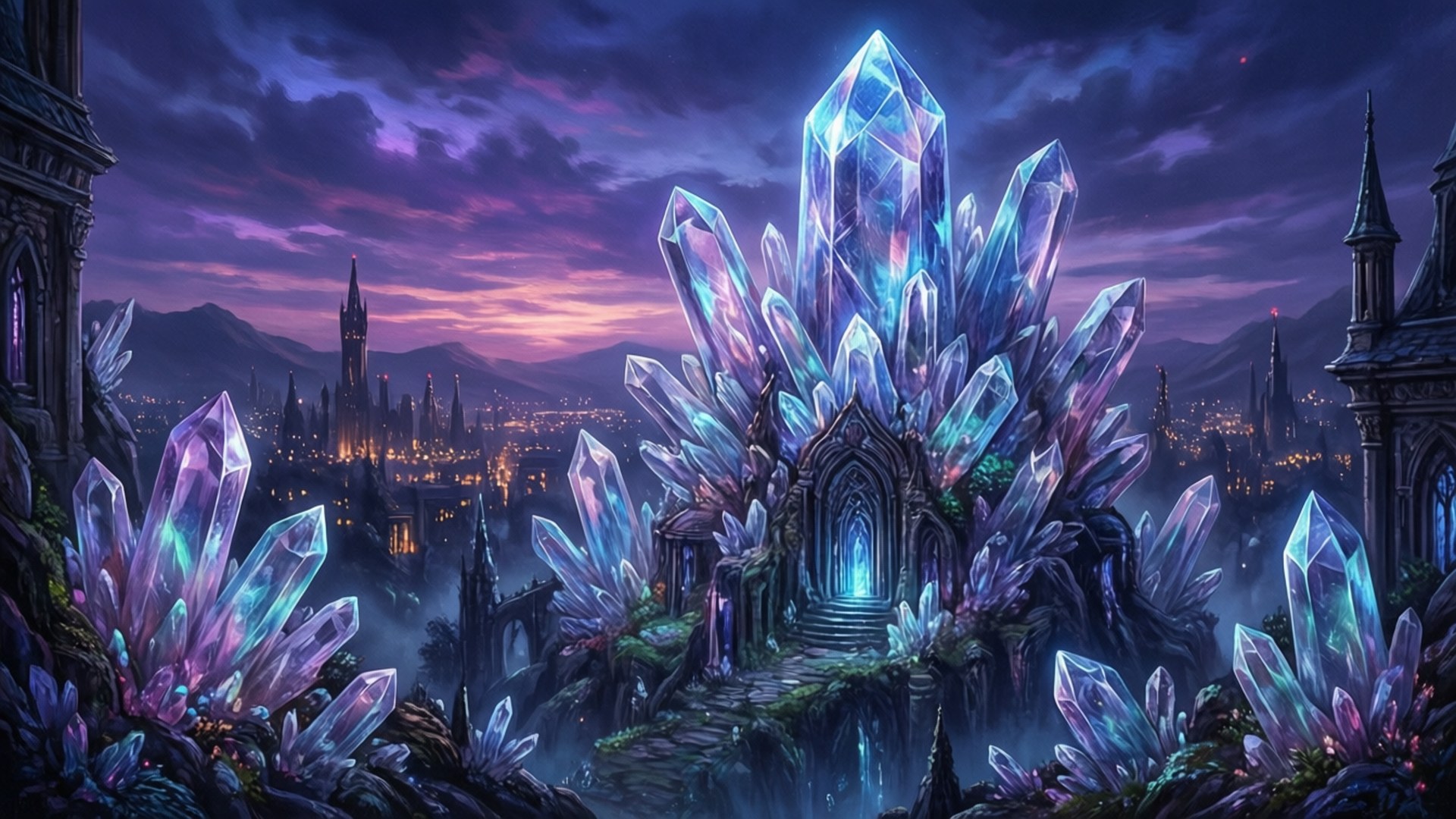 FF14 桌布 壁紙 — 一座雄偉的水晶城堡在暮色天空下閃耀，遠處城市景觀上方有紫色和粉紅色的雲彩。