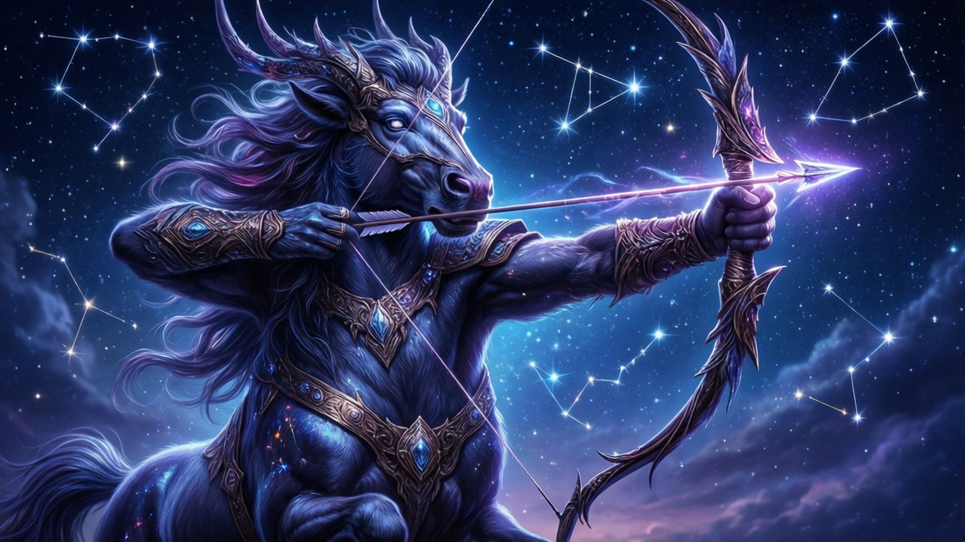 Celestial Centaur Archer 壁紙 — 一隻雄偉的深藍色半人馬，眼睛發光，拉著發光的弓，背景是繁星點點的夜空，可見星座。