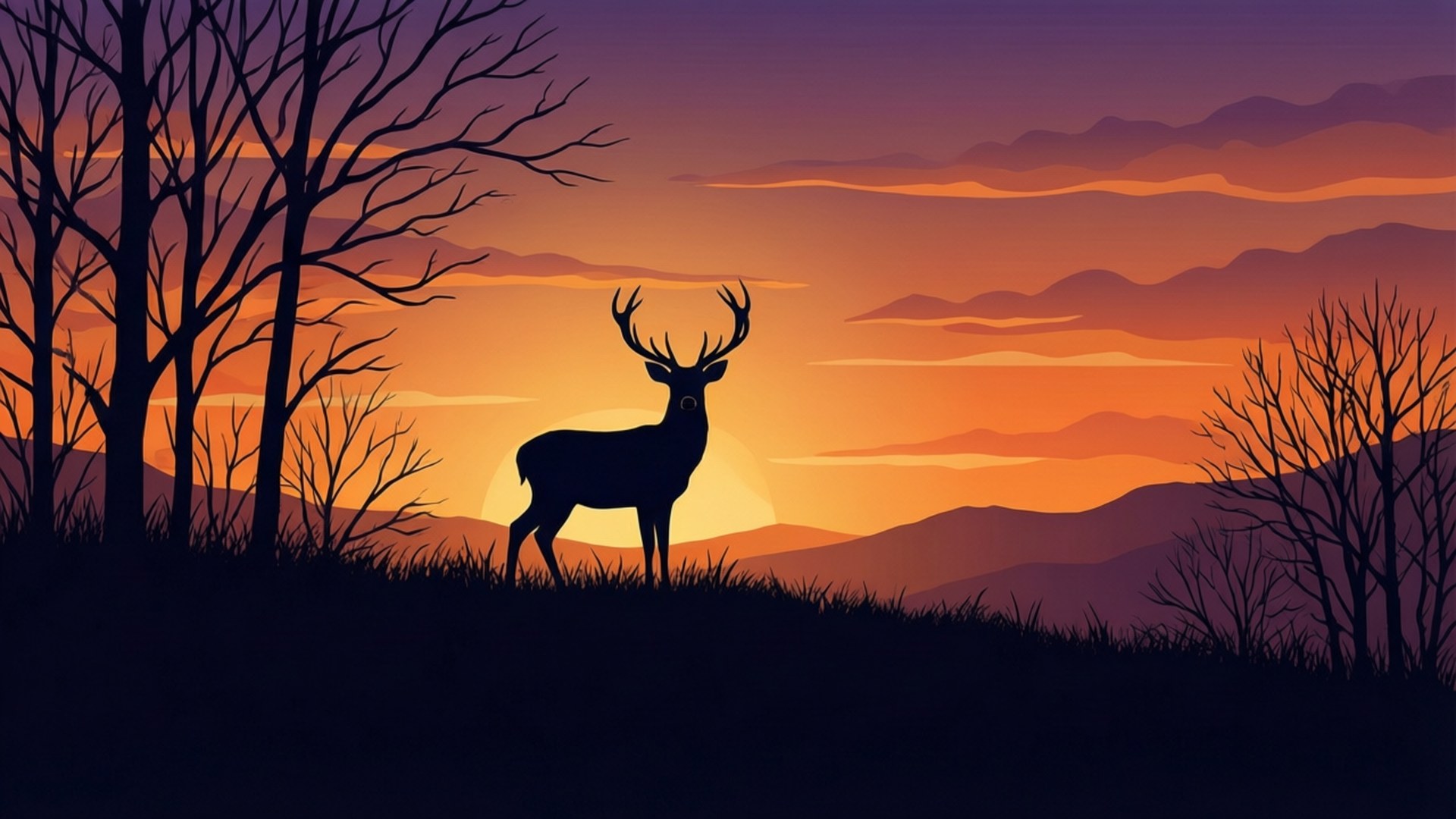 Deer Sunset Silhouette 壁紙 — 一隻雄偉的鹿剪影站在山頂上，夕陽西下，有光禿禿的樹木和層層疊疊的山脈，天空呈現橙色、紫色和紫羅蘭色的漸變。