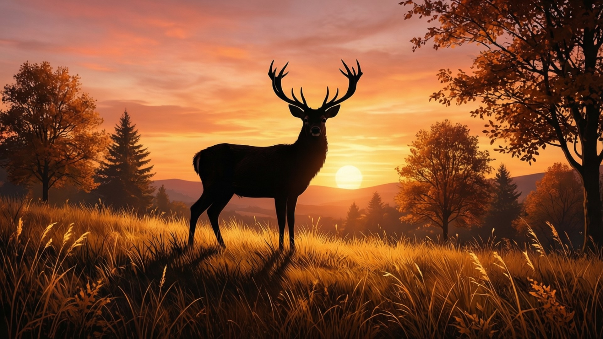 Deer Silhouette Sunset 壁紙 — 一隻雄偉的鹿剪影站在高高的草叢中，太陽在遠山後落下，為秋天的森林投下溫暖的橙色和金色色調。