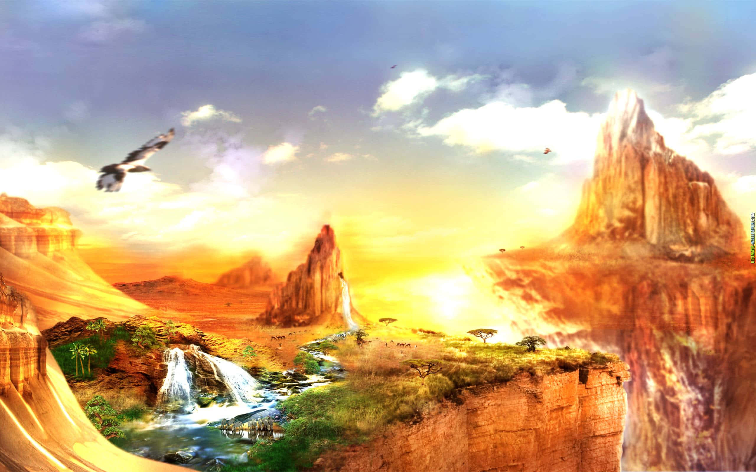 Fantasy Landscapes 桌布 壁紙 — 日落時分雄偉的沙漠峽谷，瀑布傾瀉而下流入河流，鳥兒在崎嶇的懸崖上空翱翔。