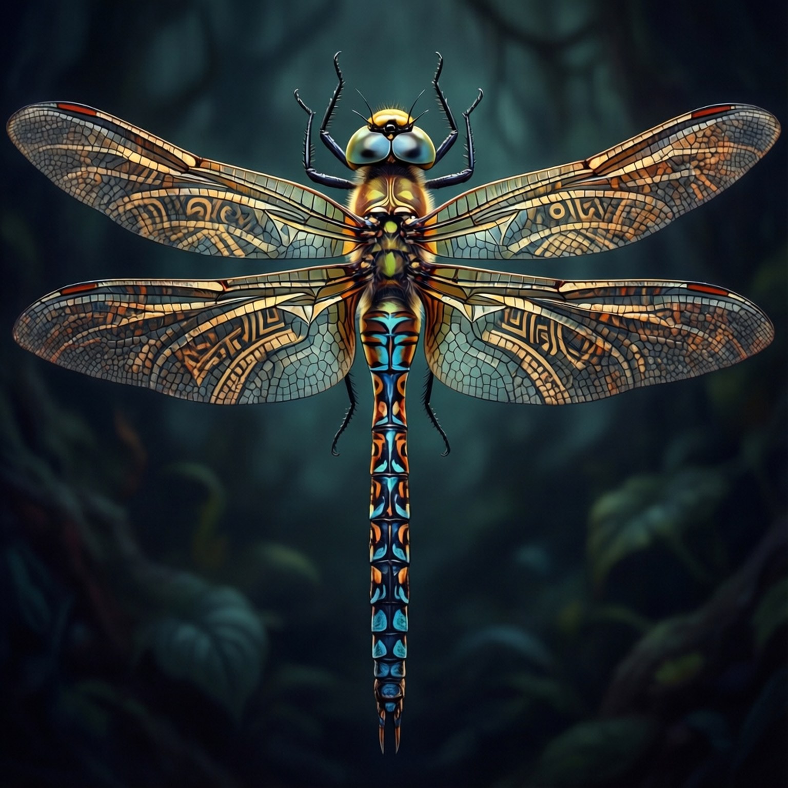 Tribal Dragonfly Art 壁紙 — 一隻雄偉的蜻蜓，翅膀和身體上有複雜的金色和藍色馬賽克圖案，在深綠色森林背景下盤旋。