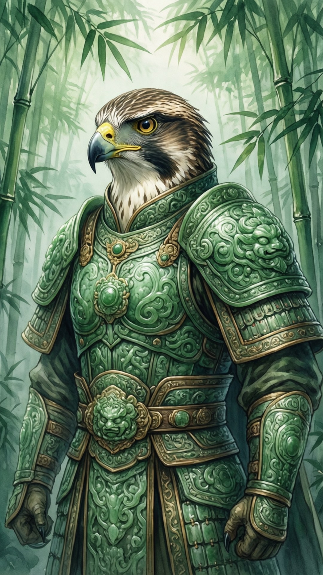 Regal Raptor 桌布 壁紙 — 一位雄偉的鷹頭戰士身穿華麗的綠色盔甲，高聳於迷霧竹林之中。