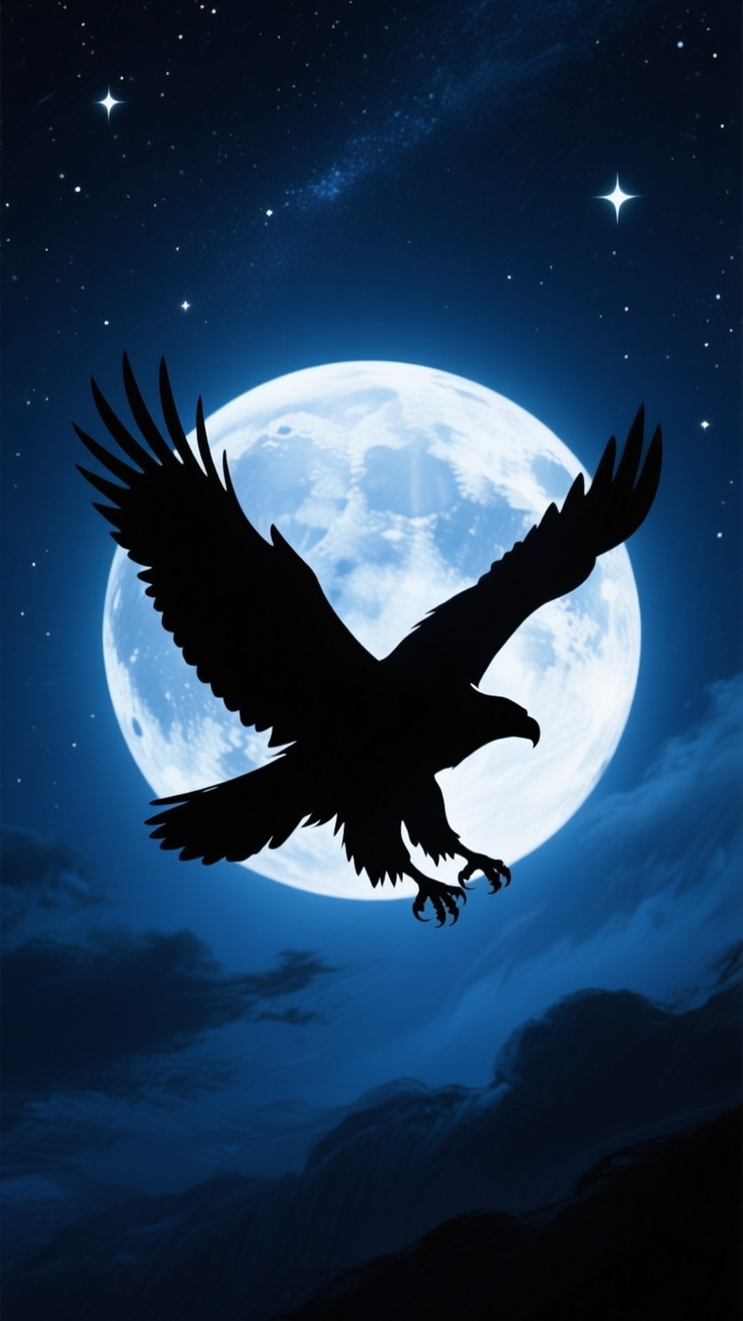 Eagle Silhouette and Moon 壁紙 — 一隻雄偉的鷹剪影在繁星點點的深藍色夜空下，對著明亮的滿月翱翔。