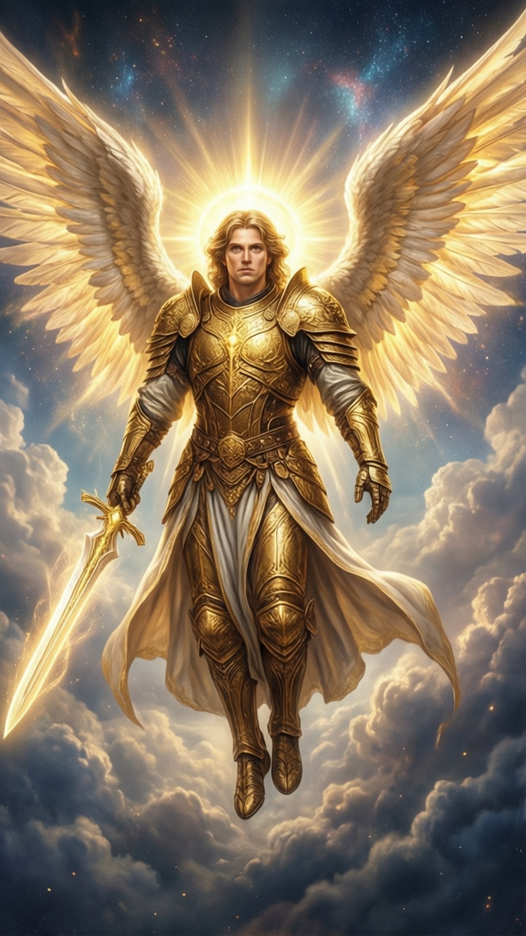 Solar's Descent 壁紙 — 一位身穿金色盔甲、擁有巨大白色翅膀的威嚴天使，在星空下穿越暴風雲，手持光芒四射的劍。