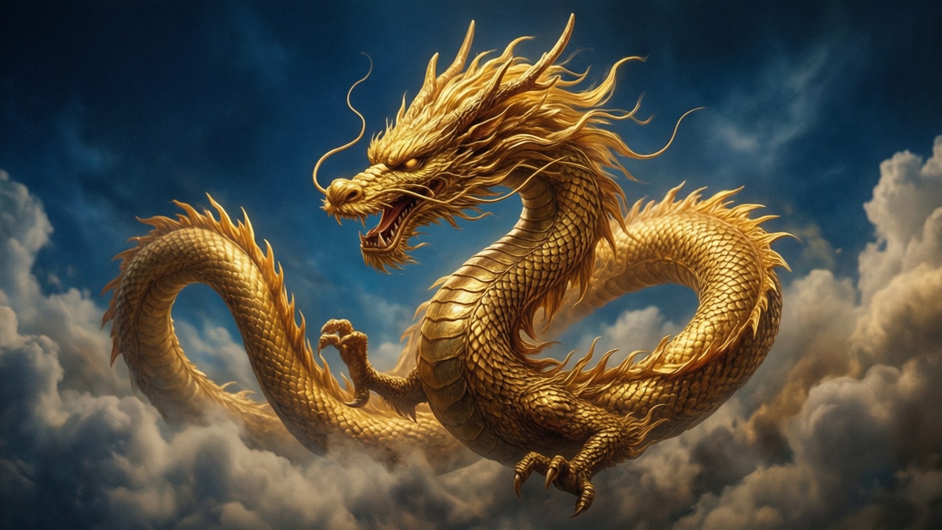 Cn Pfp 桌布 壁紙 — 一條雄偉的金龍在深藍色天空的戲劇性暴風雲中蜿蜒盤旋。