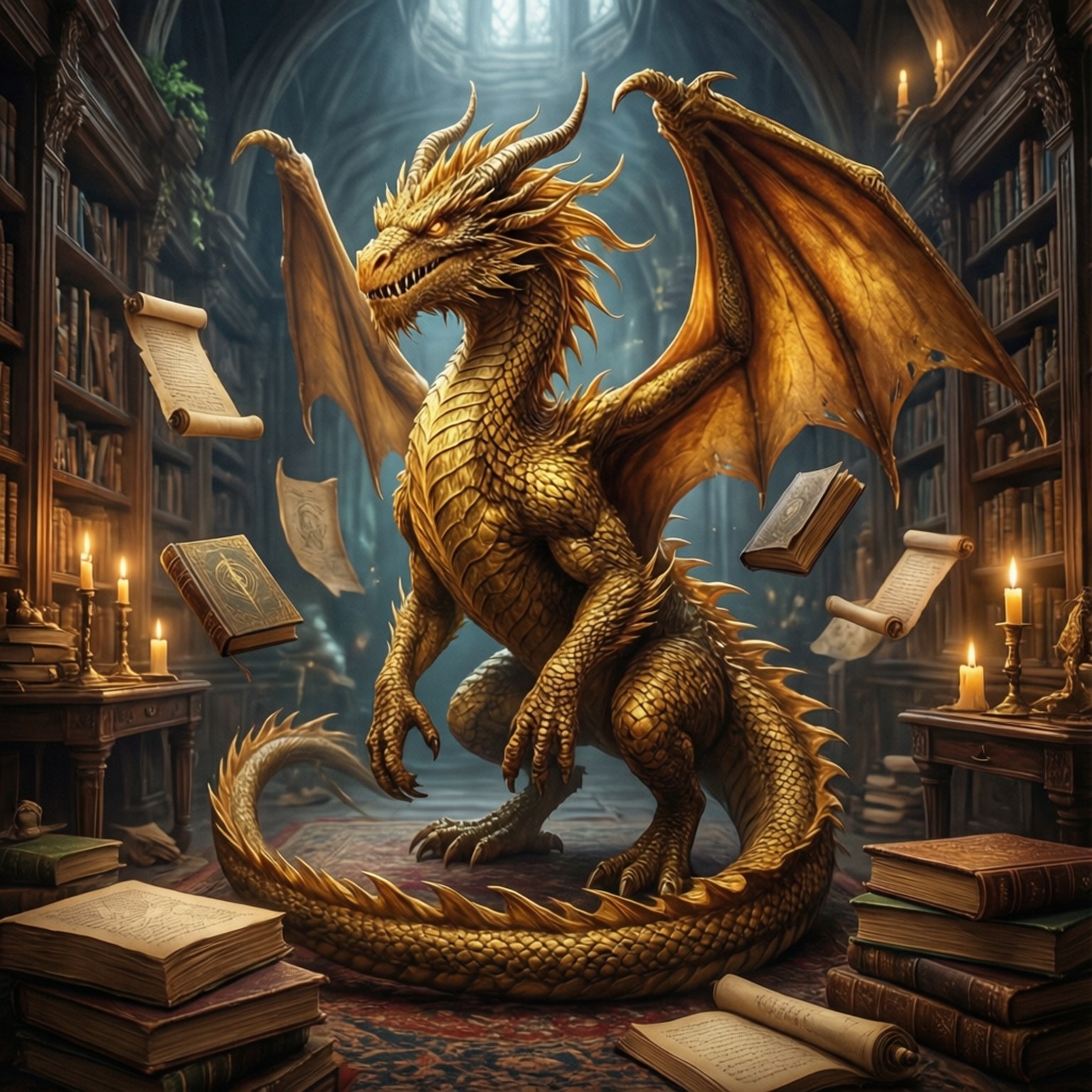 Wise Dragon Library 壁紙 — 一隻雄偉的金色龍展開翅膀，站在燭光哥德式圖書館中漂浮的書籍之間。