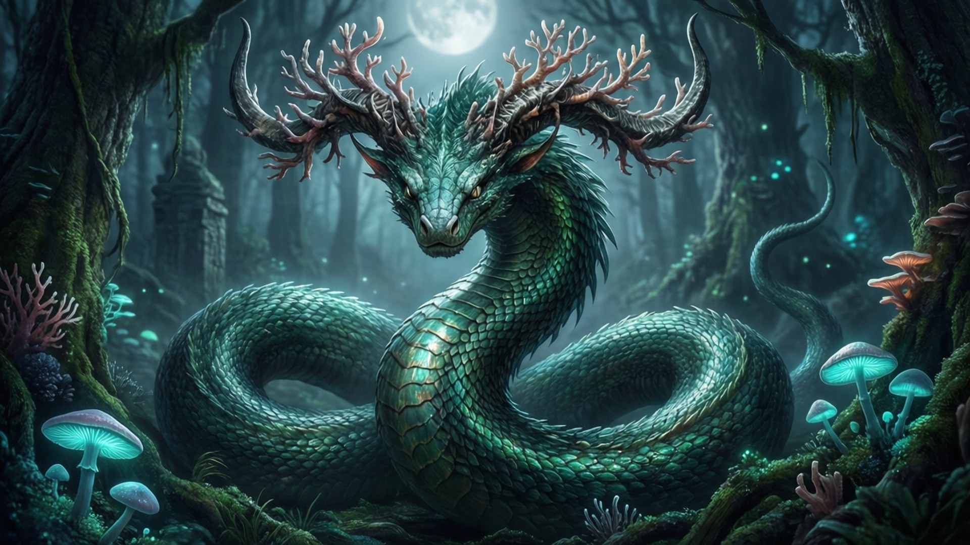 Horned Serpent 桌布 壁紙 — 一隻雄偉的綠色龍，帶有珊瑚般的鹿角，盤旋在充滿發光蘑菇的迷霧月光森林中。