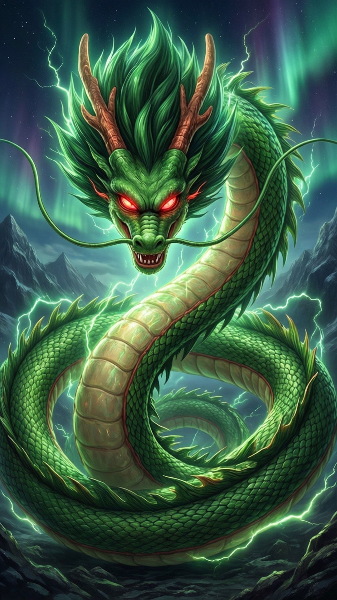 Eternal Dragon 壁紙 — 一條雄偉的綠色巨龍，擁有發光的紅色眼睛，在風暴山脈中盤繞，天空充滿極光。