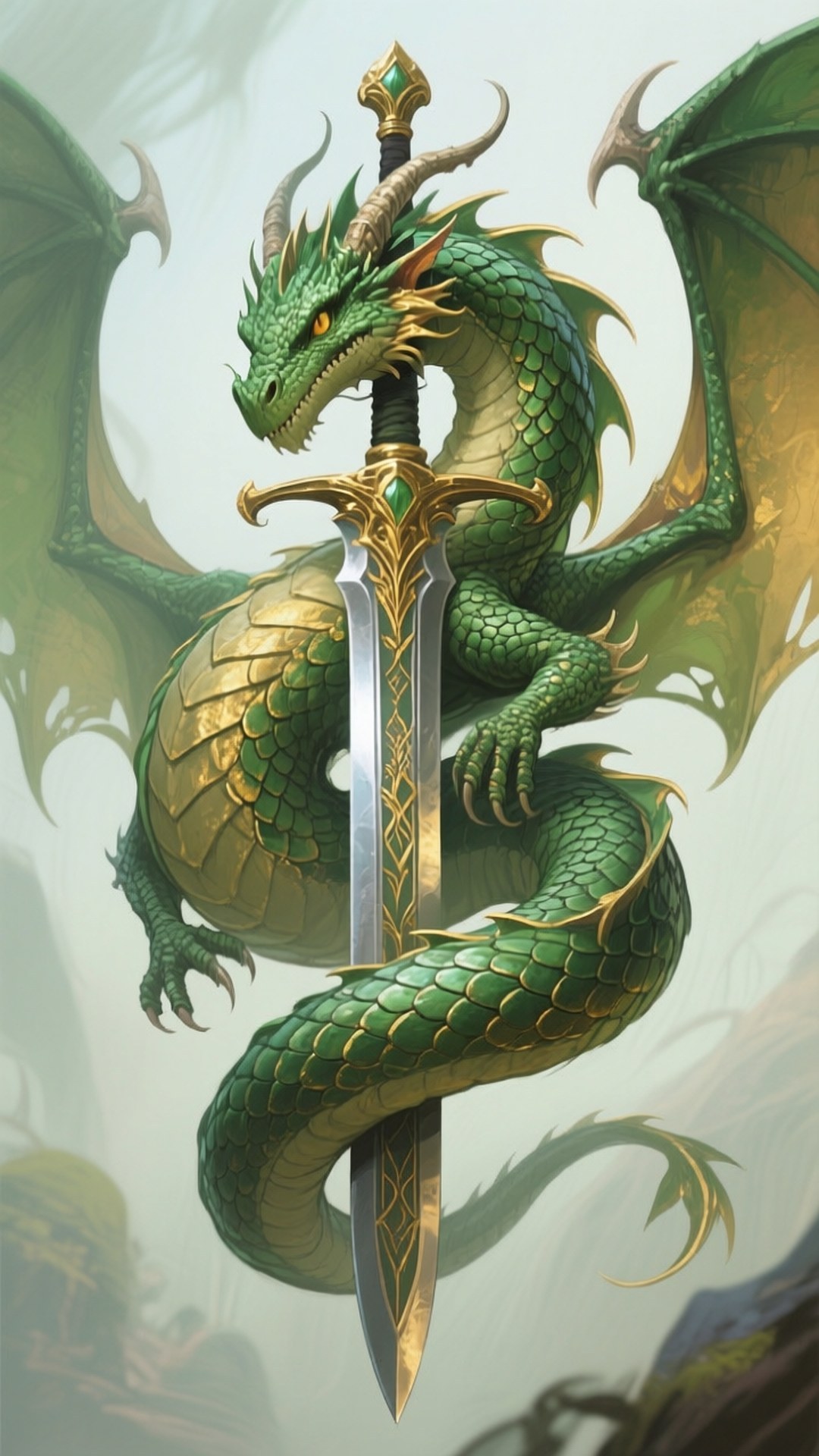 Dragon Sword Cool Drawing 壁紙 — 一隻雄偉的綠色龍，帶有金色點綴，纏繞著一把華麗的劍，翅膀在霧氣背景中展開。