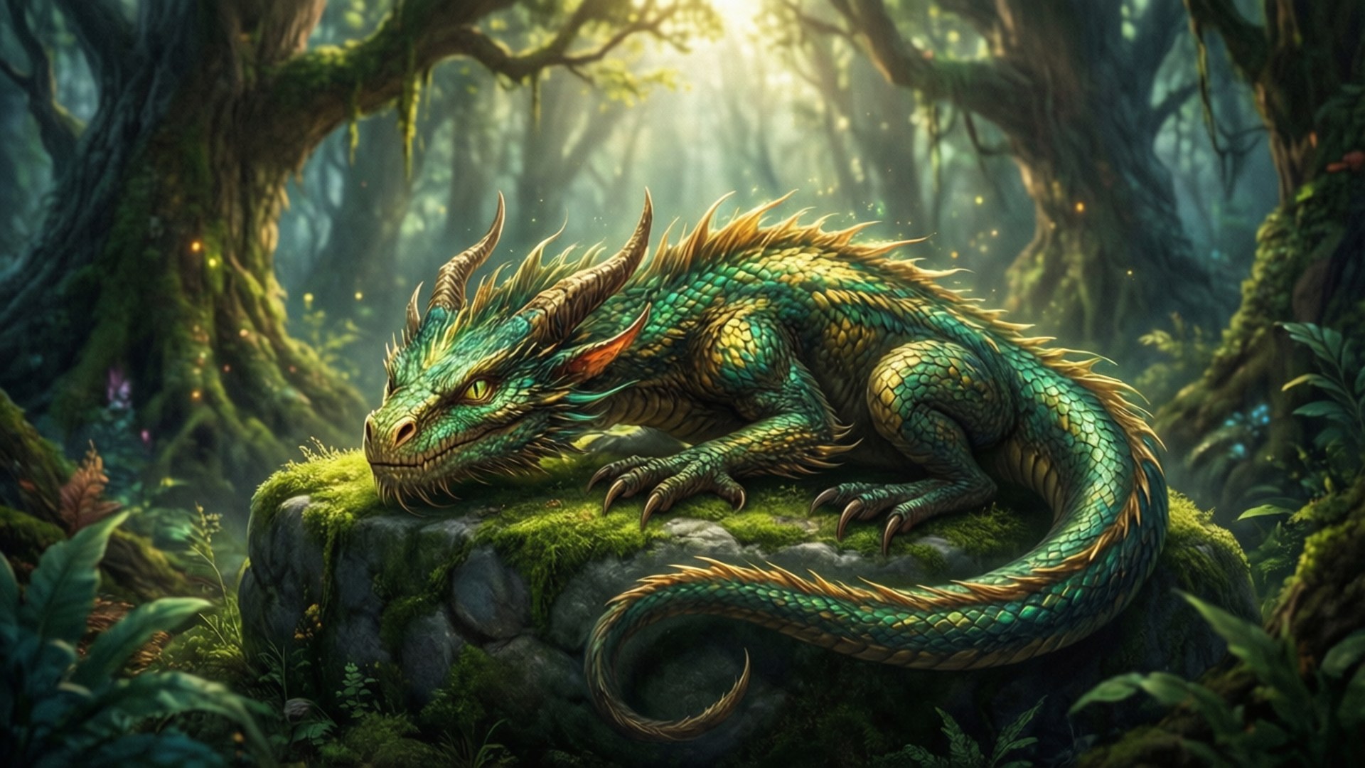 Wyrm 桌布 壁紙 — 一隻帶有金色點綴的雄偉綠龍，在陽光斑駁的古老森林中，安詳地棲息在一塊長滿苔蘚的石頭上。