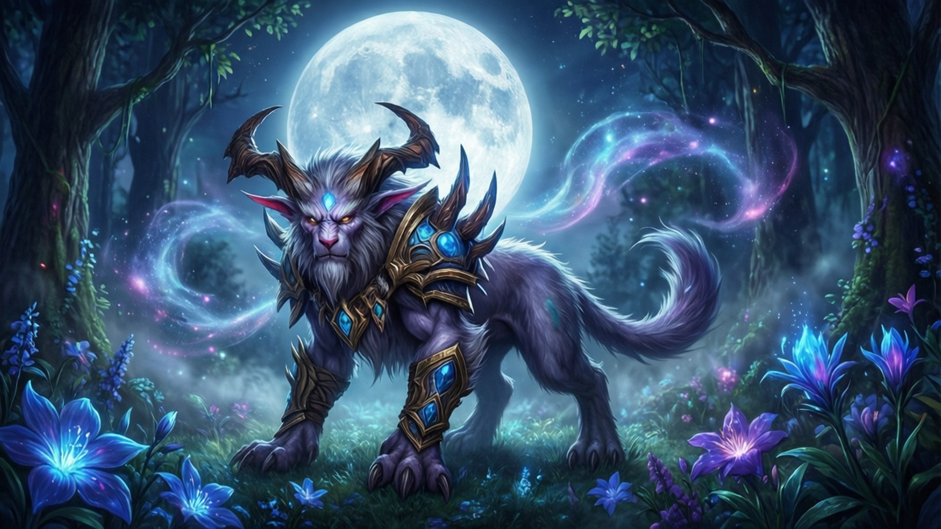 Moonkin's Sanctuary 壁紙 — 一隻雄偉的長角野獸，擁有發光的藍色眼睛和華麗的盔甲，站在月光照耀的森林中，周圍環繞著發光的藍色和紫色花朵。