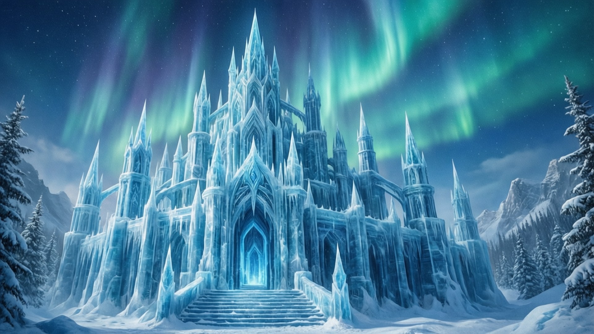 Epic Ice Palace 壁紙 — 一座雄偉的冰城堡，帶有發光的藍色拱門，在白雪皚皚的山景中，矗立在充滿活力的綠色和紫色極光下。