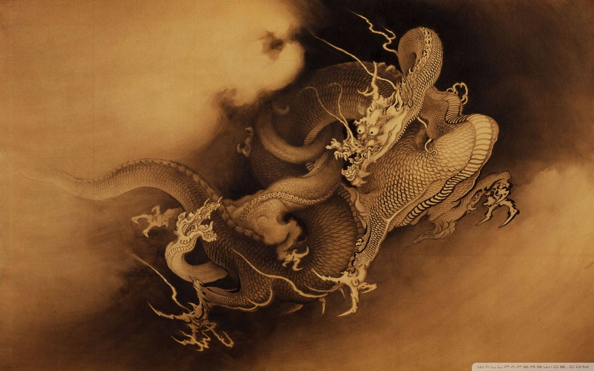 一幅詳細的墨水畫，描繪一條在棕褐色調雲霧中蜿蜒的龍。 — 日式龍 PC 壁紙