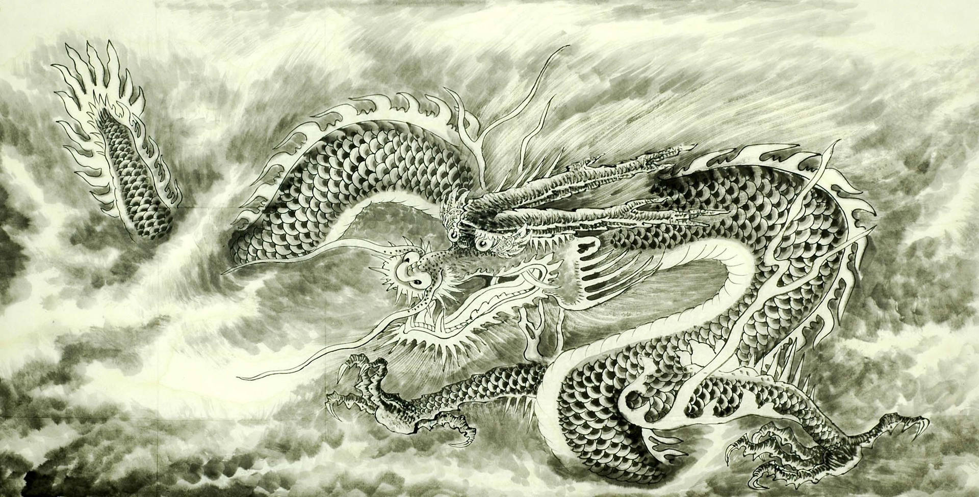 一幅詳細的墨水畫，描繪神話中的龍在暴風雲中翱翔。 — 中國龍 壁紙