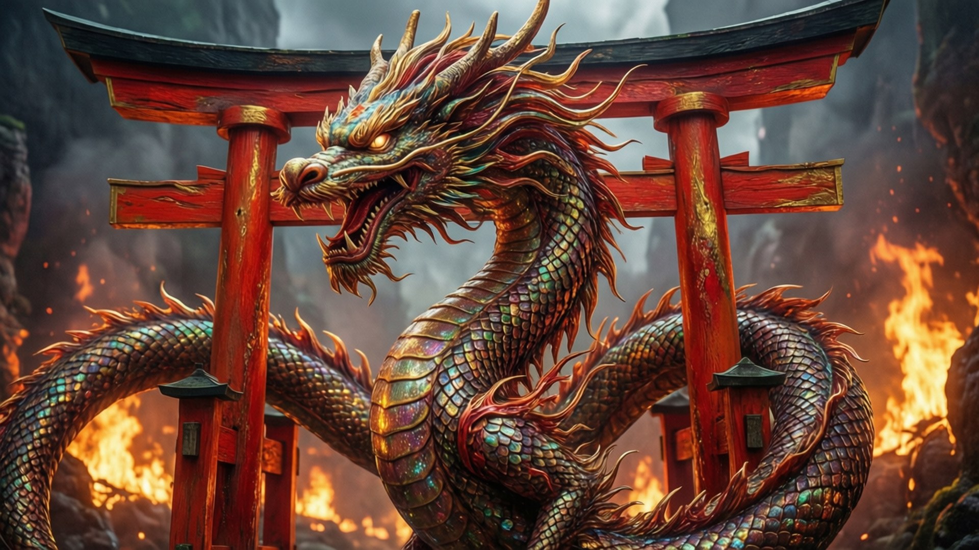 Dragon Torii Gate 壁紙 — 一條雄偉的彩虹龍盤繞在紅色的鳥居上，周圍是咆哮的火焰和霧氣繚繞的山巒。