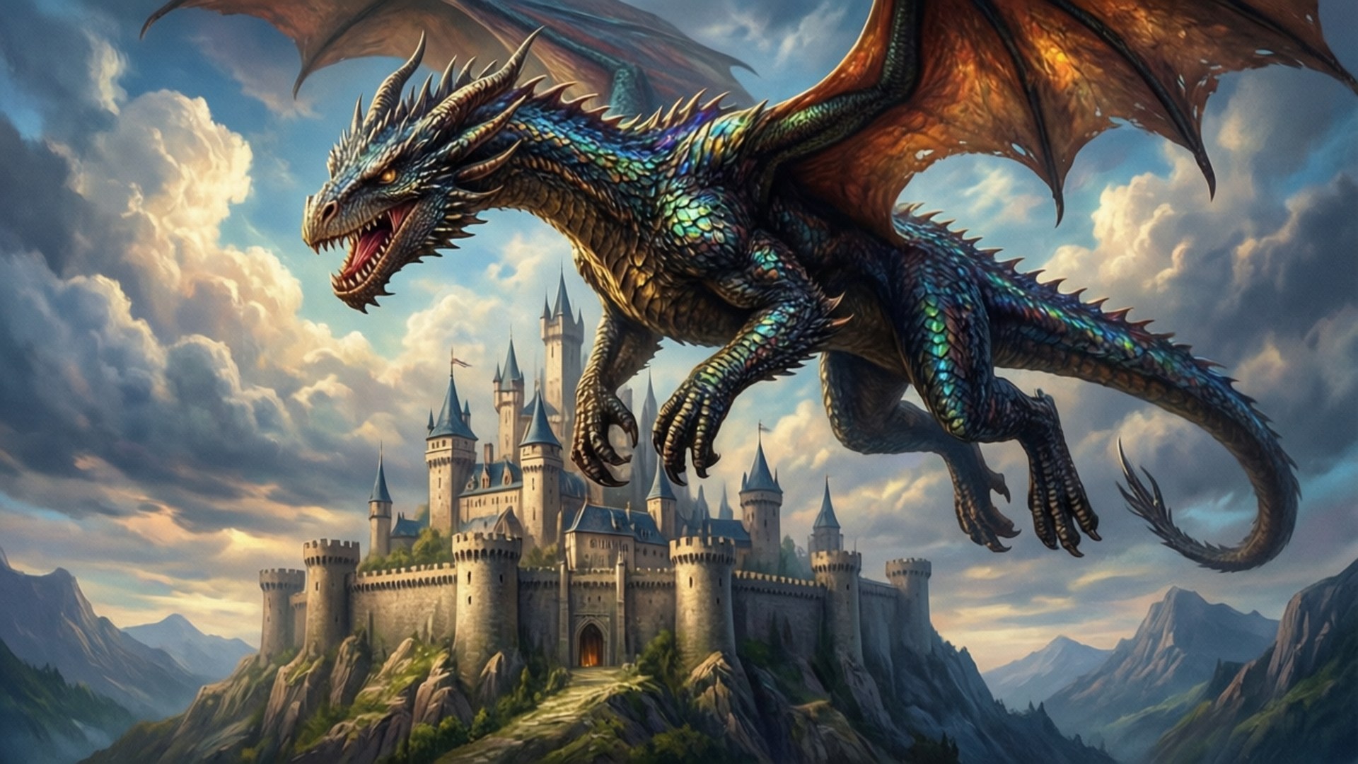 Dragon Over Castle 壁紙 — 一條雄偉的彩虹色巨龍翱翔於山脊上宏偉的中世紀城堡之上，天空烏雲密佈，氣勢磅礴。