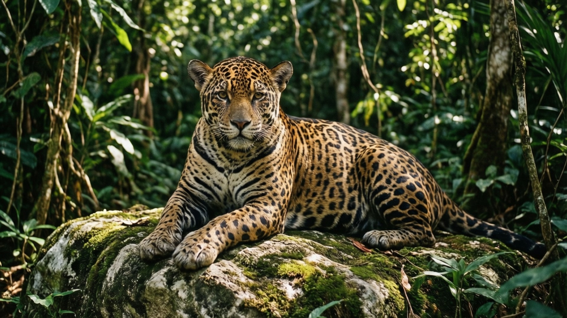 Jaguar in Yucatan Jungle 壁紙 — 一隻雄偉的美洲豹，擁有金色皮毛和黑色玫瑰花紋，警覺地棲息在陽光普照的叢林中一塊長滿苔蘚的石頭上。