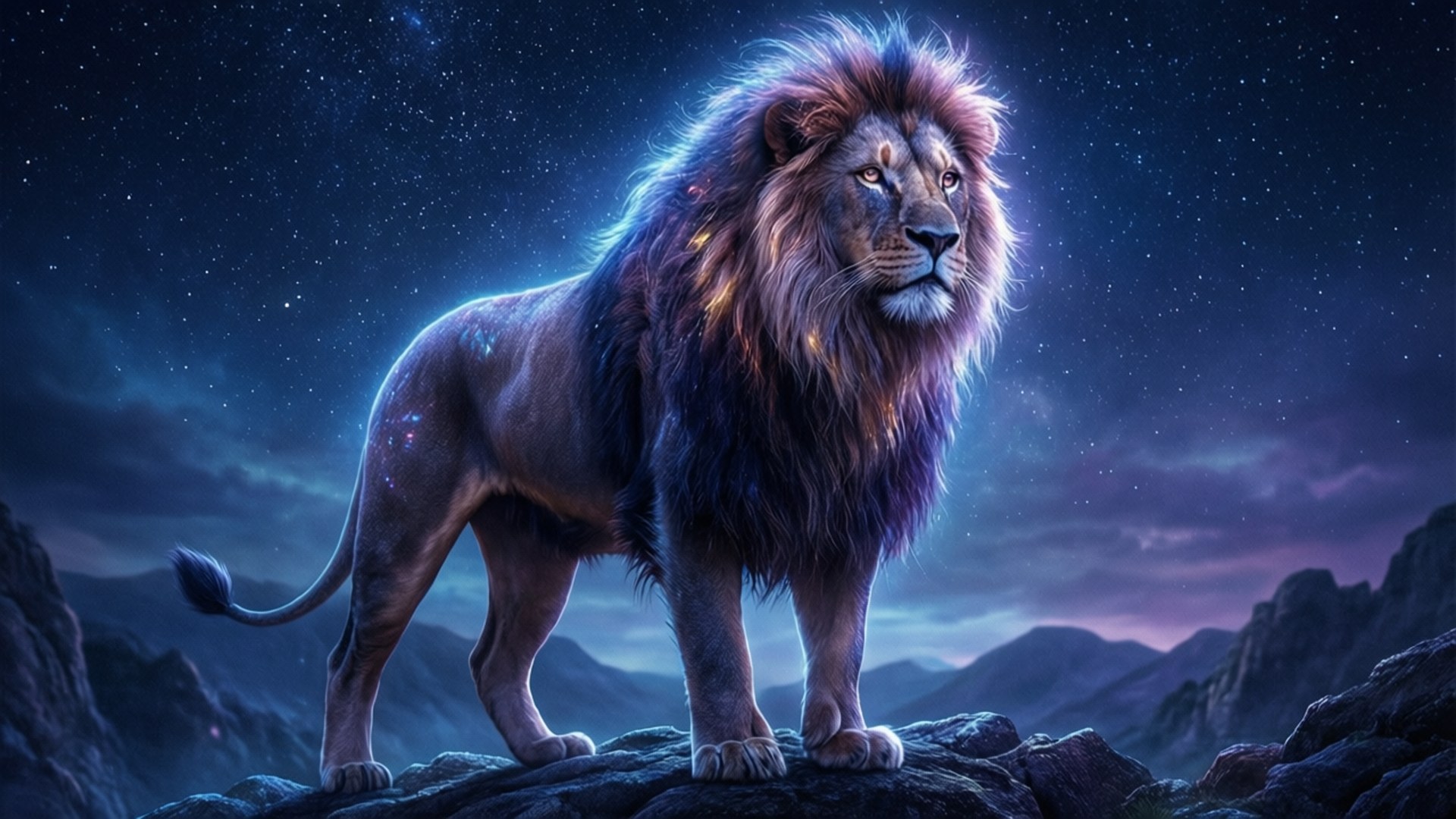 Cool Picture of Lion 壁紙 — 一頭雄偉的獅子，鬃毛發光，站在岩石頂峰上，背景是紫色和藍色色調的星空暮色天空。