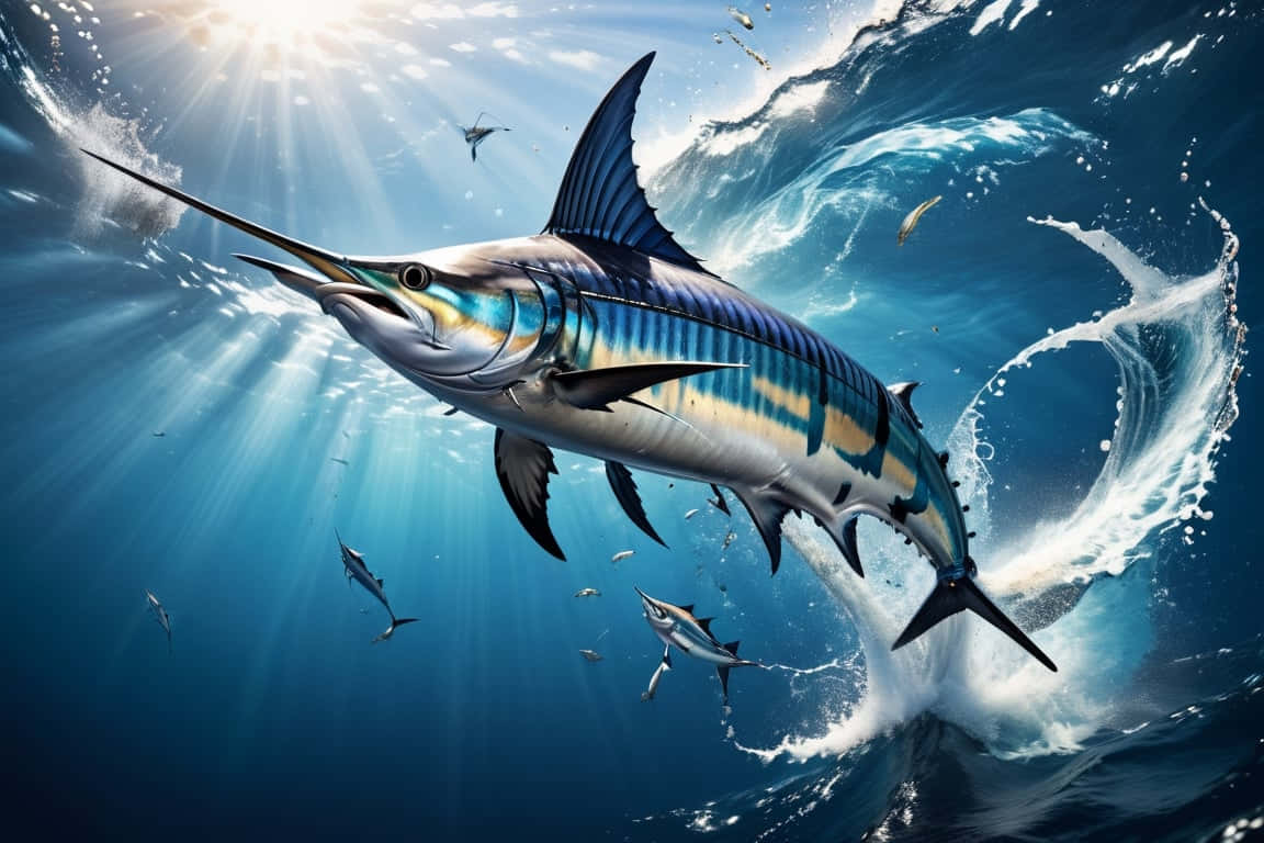  壁紙 — 一條雄偉的馬林魚衝破陽光普照的海浪，伴隨著動態的水花和尾隨的小魚。