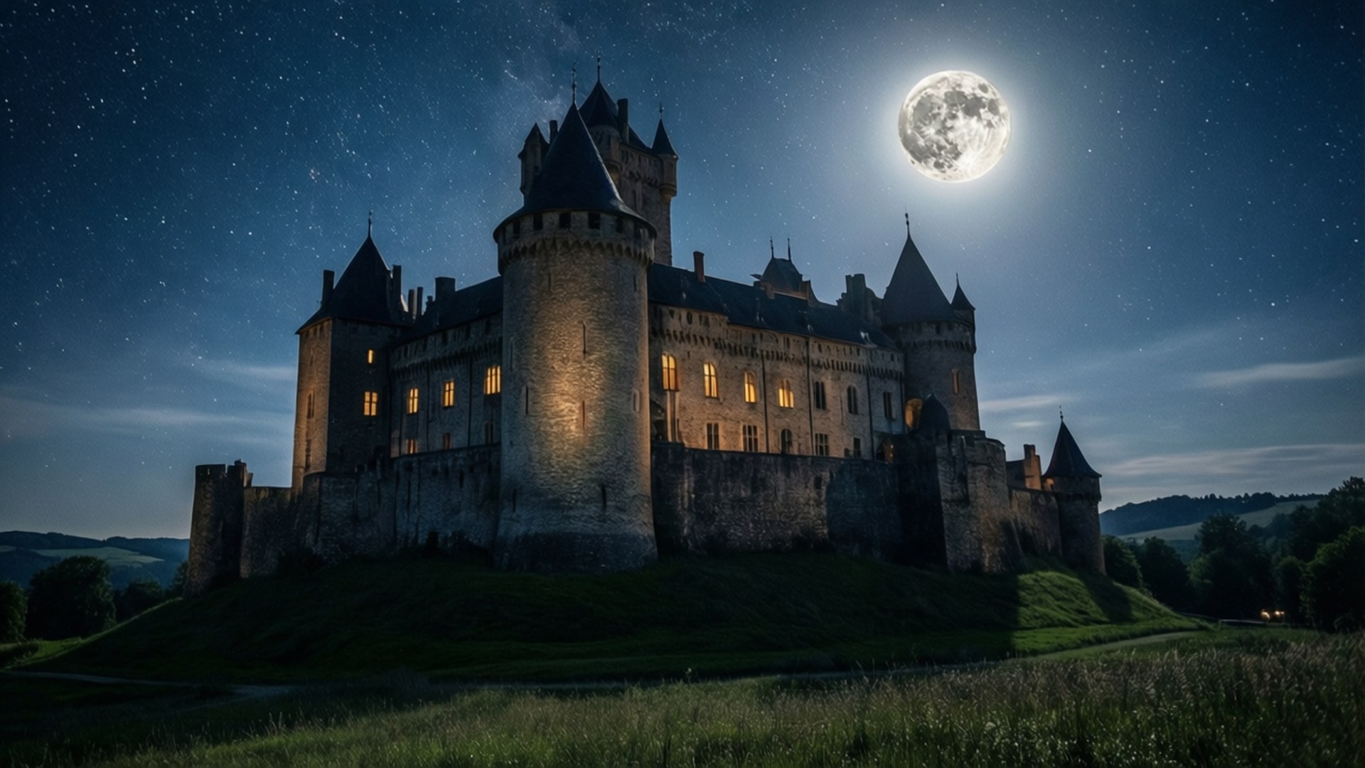 Castle Under the Moon 壁紙 — 一座雄偉的中世紀城堡坐落在長滿青草的山丘上，星空下滿月高懸。