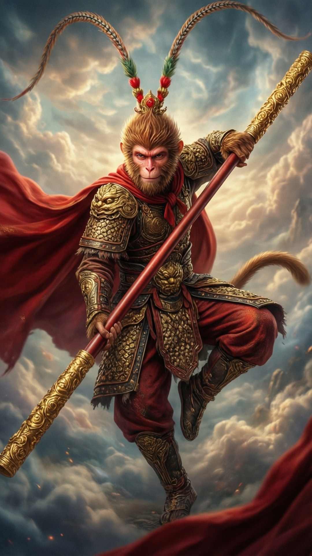 Monkey King Warrior 壁紙 — 一位威風凜凜的猴子戰士，身穿華麗金色盔甲和紅色披風，揮舞著巨大的棍棒，穿越暴風雲層。