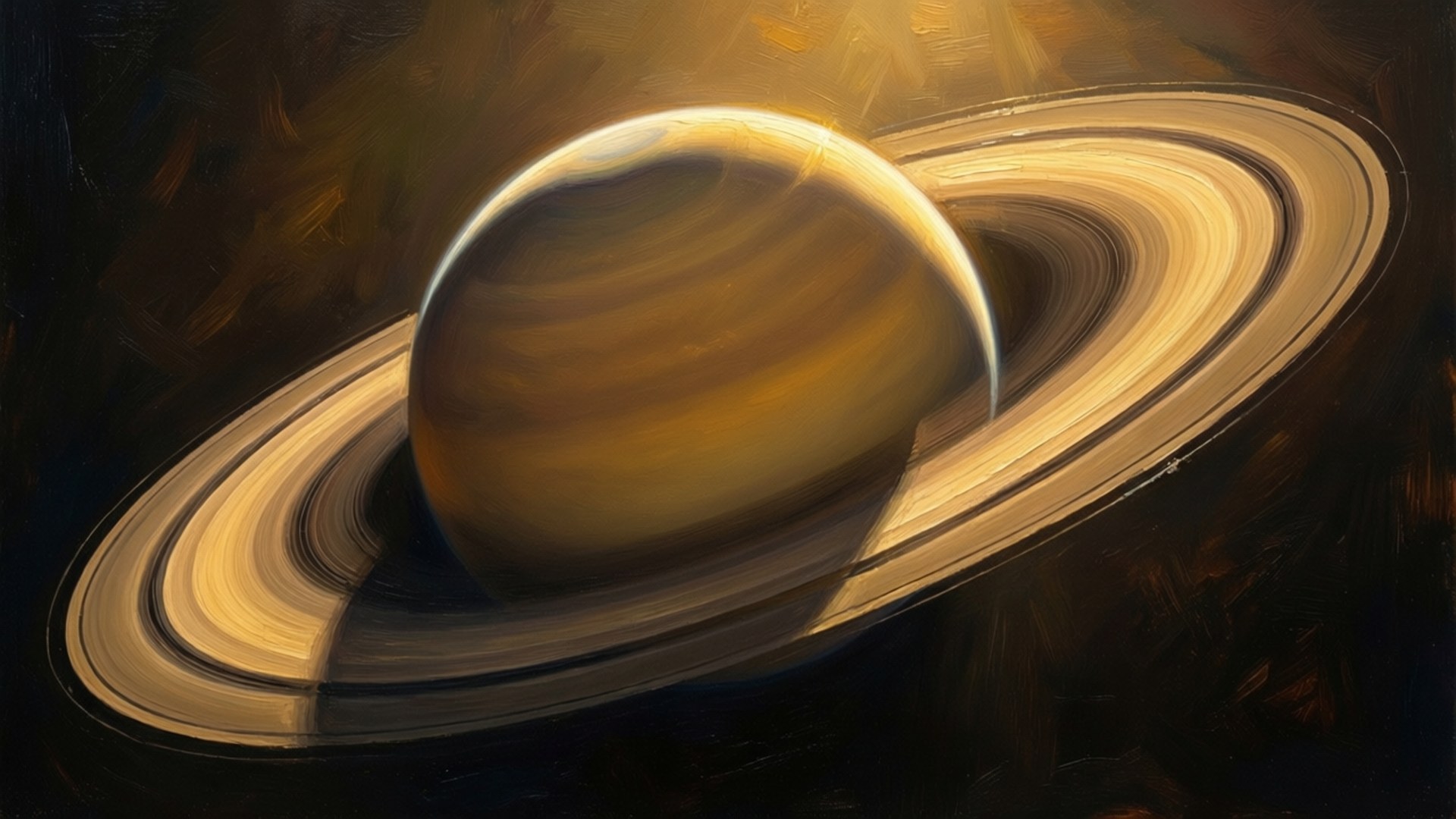 Golden Saturn Glow 壁紙 — 一幅宏偉的土星油畫，在黑暗的宇宙背景下，金色光環溫暖地發光。