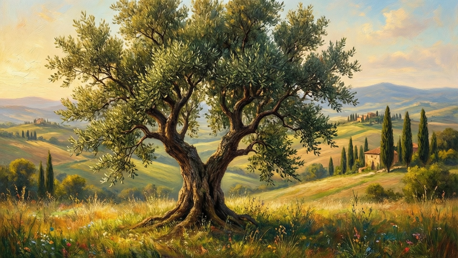 Tuscan Olive Landscape 壁紙 — 一棵雄偉的橄欖樹矗立在陽光明媚的田野中，遠處有連綿起伏的山丘和一座別墅，天空金黃。
