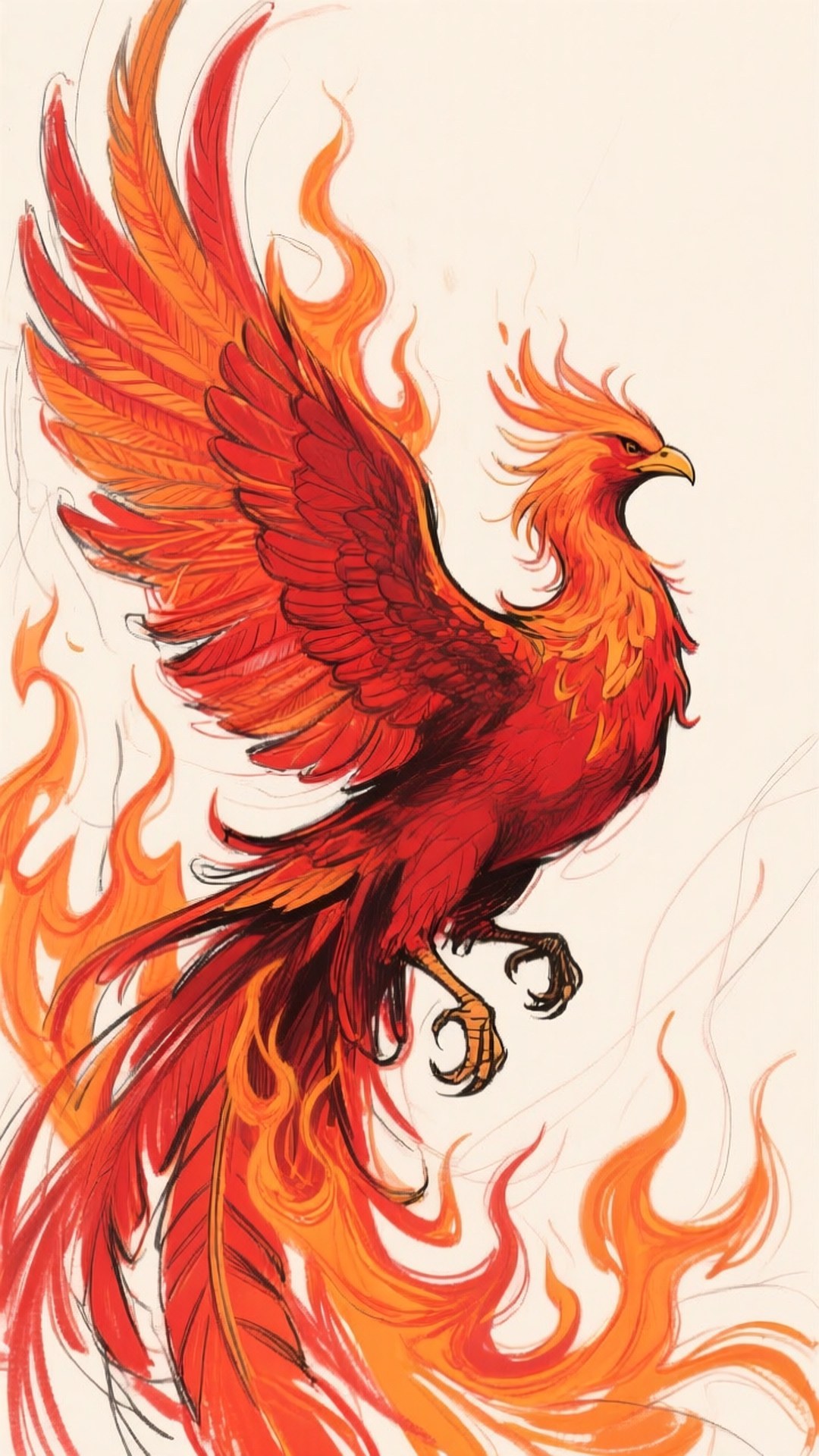 Fiery Phoenix Cool Drawing 壁紙 — 一隻雄偉的鳳凰，擁有火紅和橙色的羽毛，在蒼白背景上旋轉的火焰中展開翅膀。