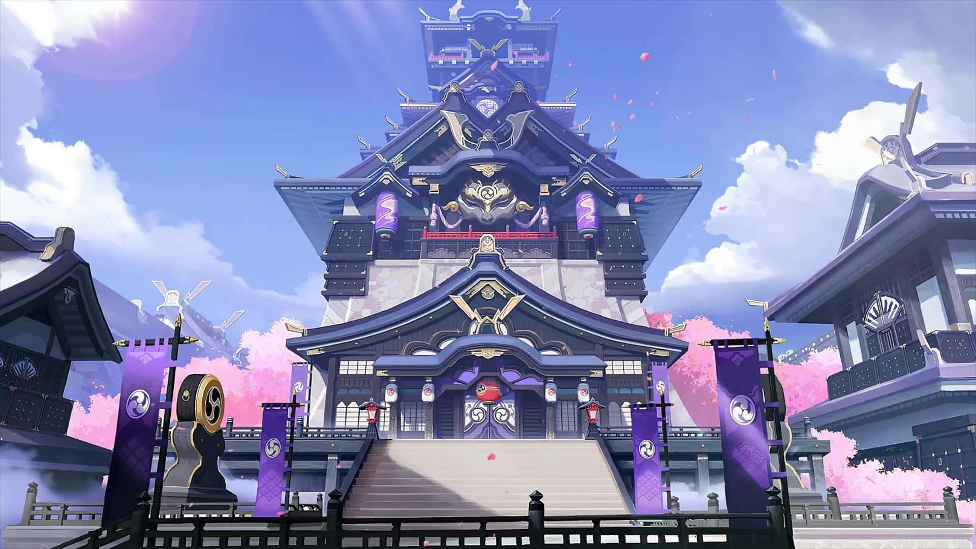  壁紙 — 一座雄偉的紫金色日本神社，櫻花在明亮的藍天中飄浮。