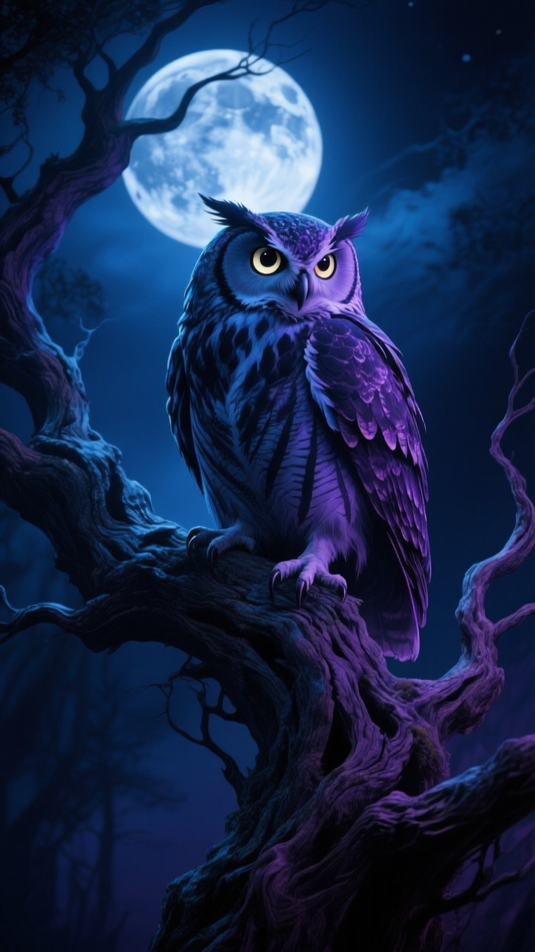 Midnight Owl 壁紙 — 一隻雄偉的紫色貓頭鷹，有著發光的黃色眼睛，棲息在一個多節的樹枝上，背景是滿月和深藍色的夜空。