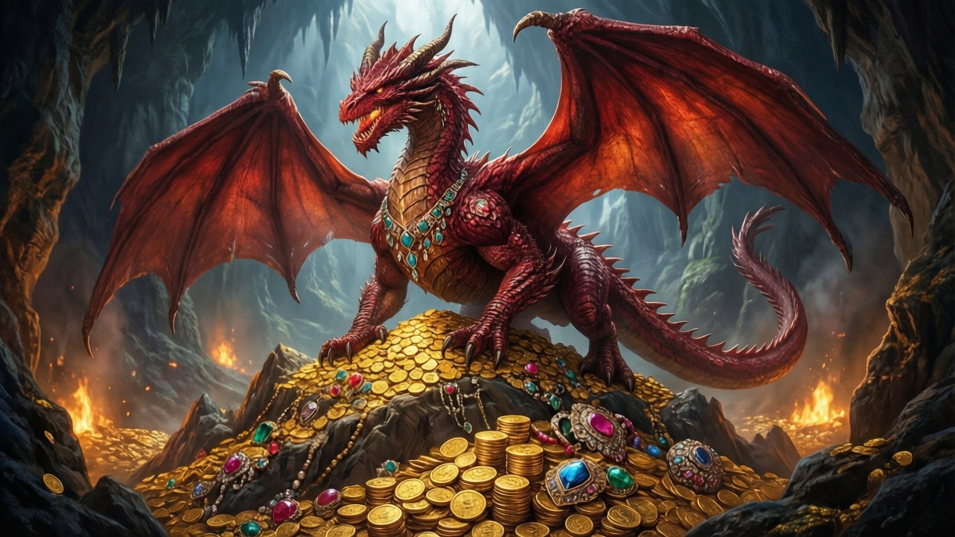 Dragon's Hoard 壁紙 — 一隻威嚴的紅色巨龍戴著珠寶項圈，站在一個充滿金幣和寶石的山上，位於一個火焰洞穴中。