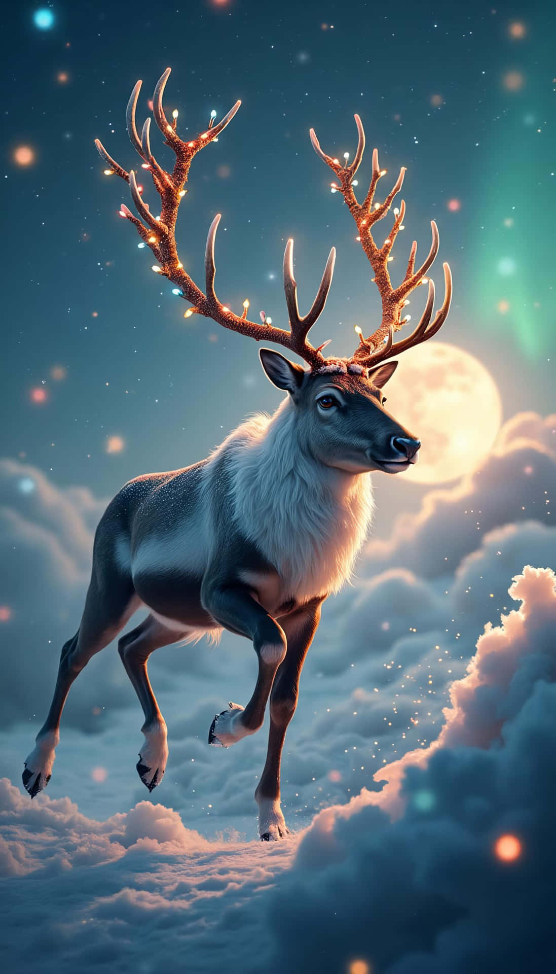  壁紙 — 一隻雄偉的馴鹿，鹿角發光，在明亮的滿月和星空下，優雅地跳躍在蓬鬆的雲層之上。