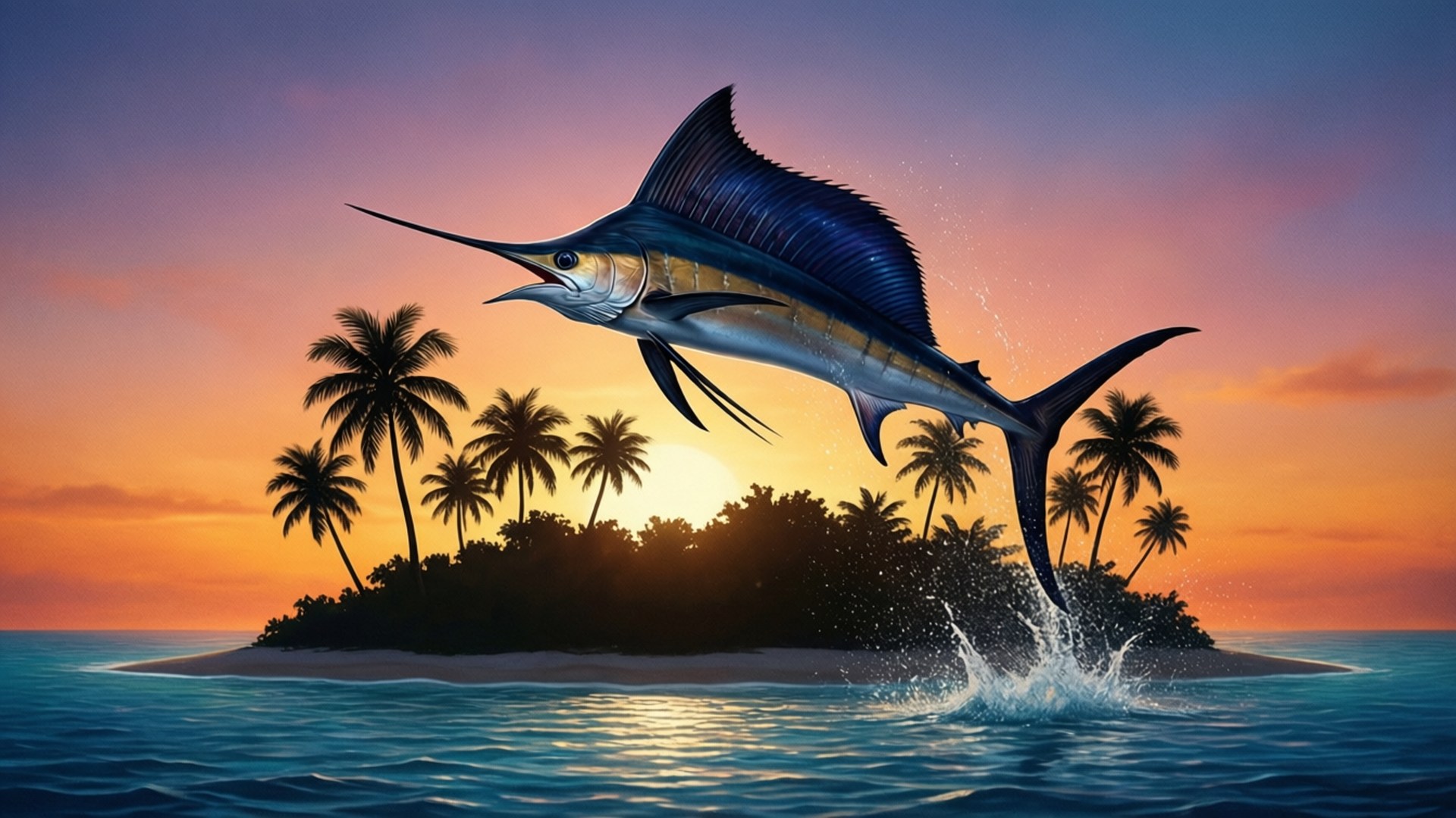 Marlin Over Island 壁紙 — 一條雄偉的旗魚從碧綠的海水中躍起，背景是熱帶島嶼日落時分，棕櫚樹在火紅的天空中形成剪影。