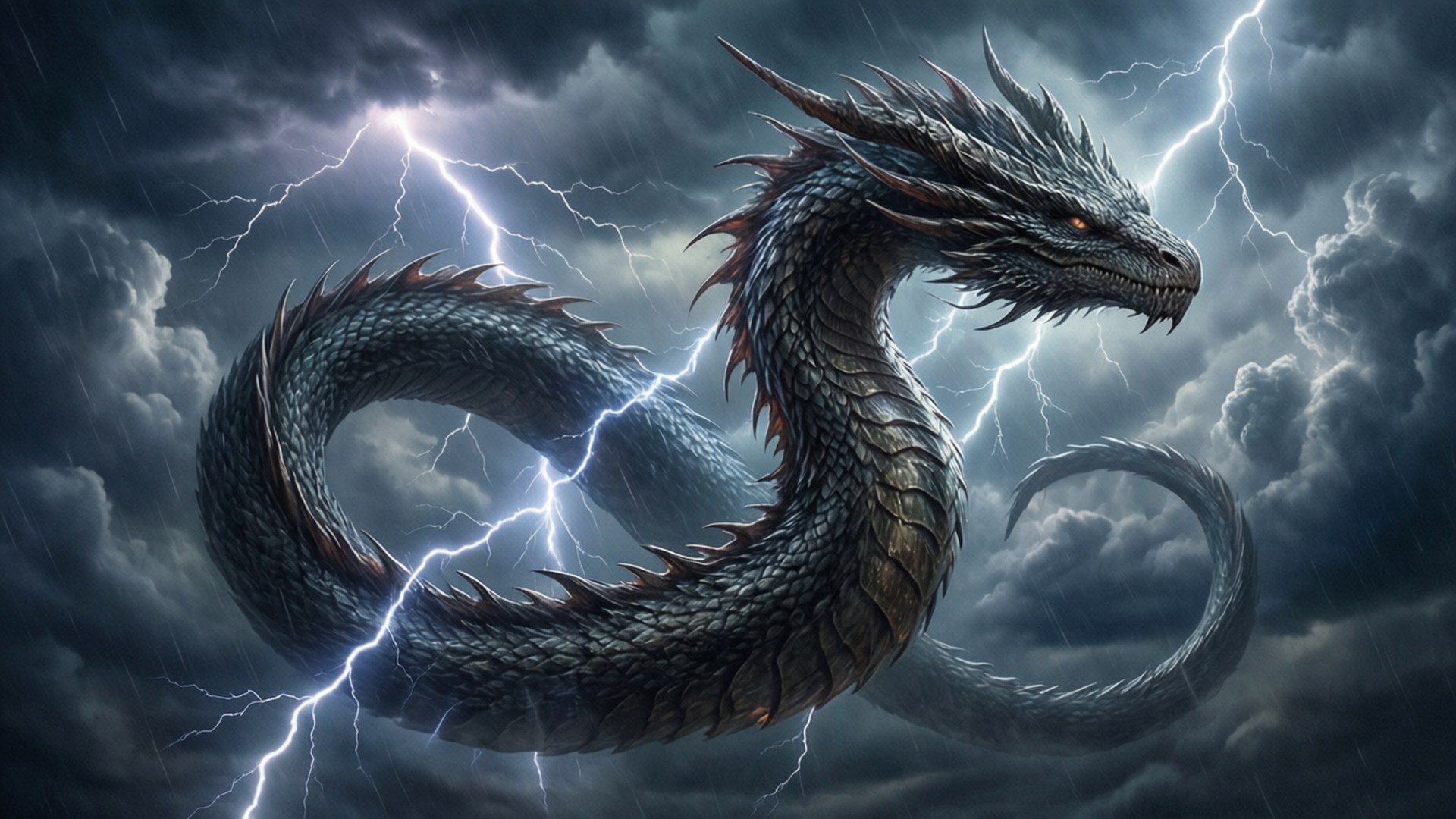 Wyrm 桌布 壁紙 — 一條威嚴的銀龍在暴風雨中蜿蜒前行，閃電在其鱗片覆蓋的身體和發光的眼睛周圍分叉。