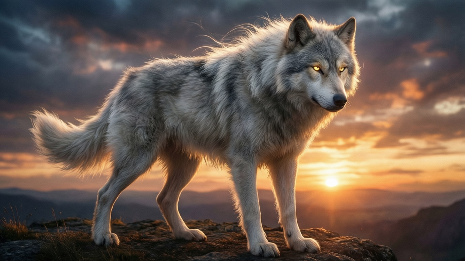 Sunset Wolf Guardian 壁紙 — 一隻雄偉的銀狼在日落時分警覺地站在岩石懸崖上，琥珀色的眼睛在熾熱的橙色和紫色天空下閃閃發光。