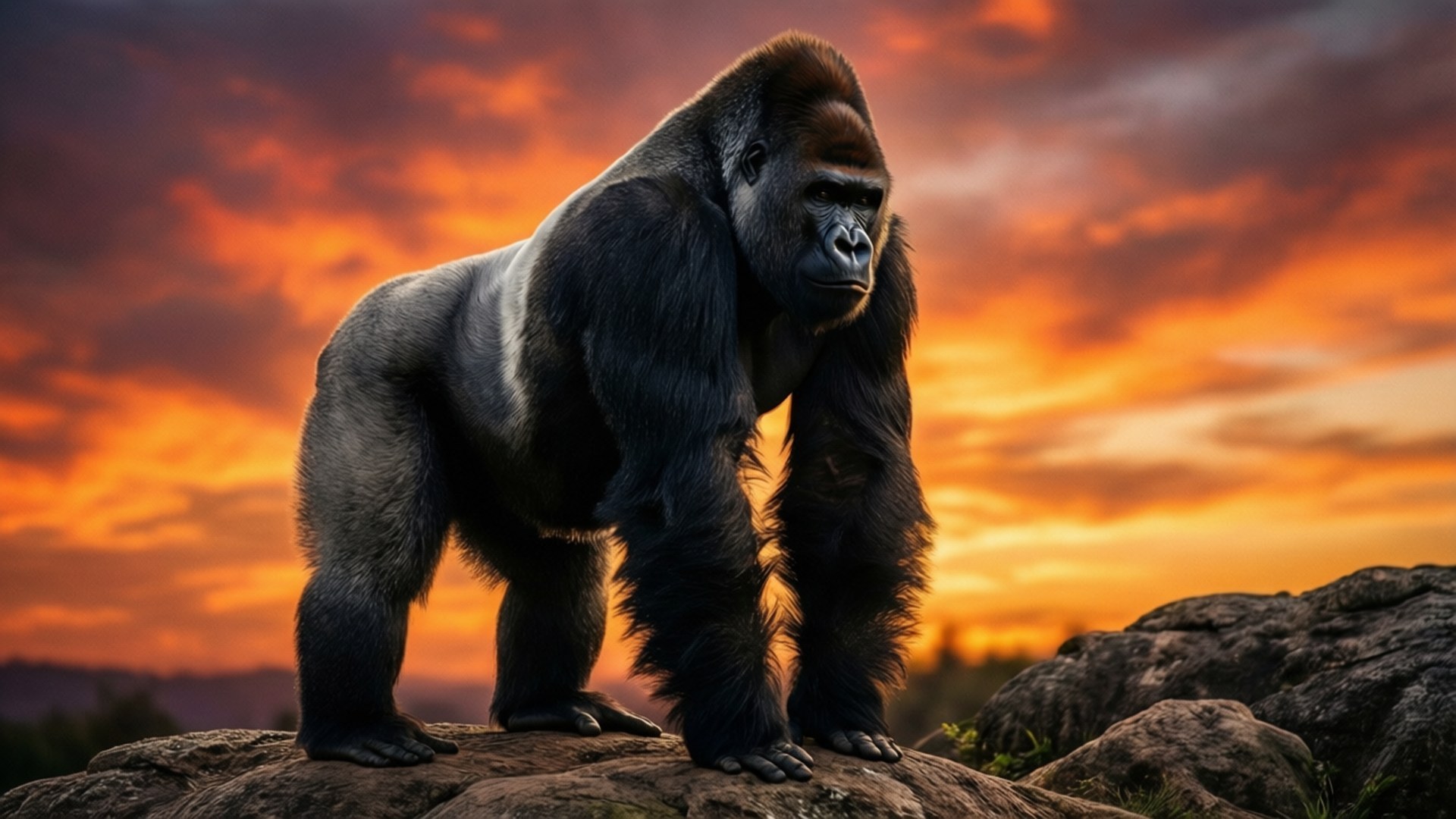 Gorilla at Sunset 壁紙 — 一隻威風凜凜的銀背大猩猩站在岩石地形上，背景是火紅的橙紅色日落天空。