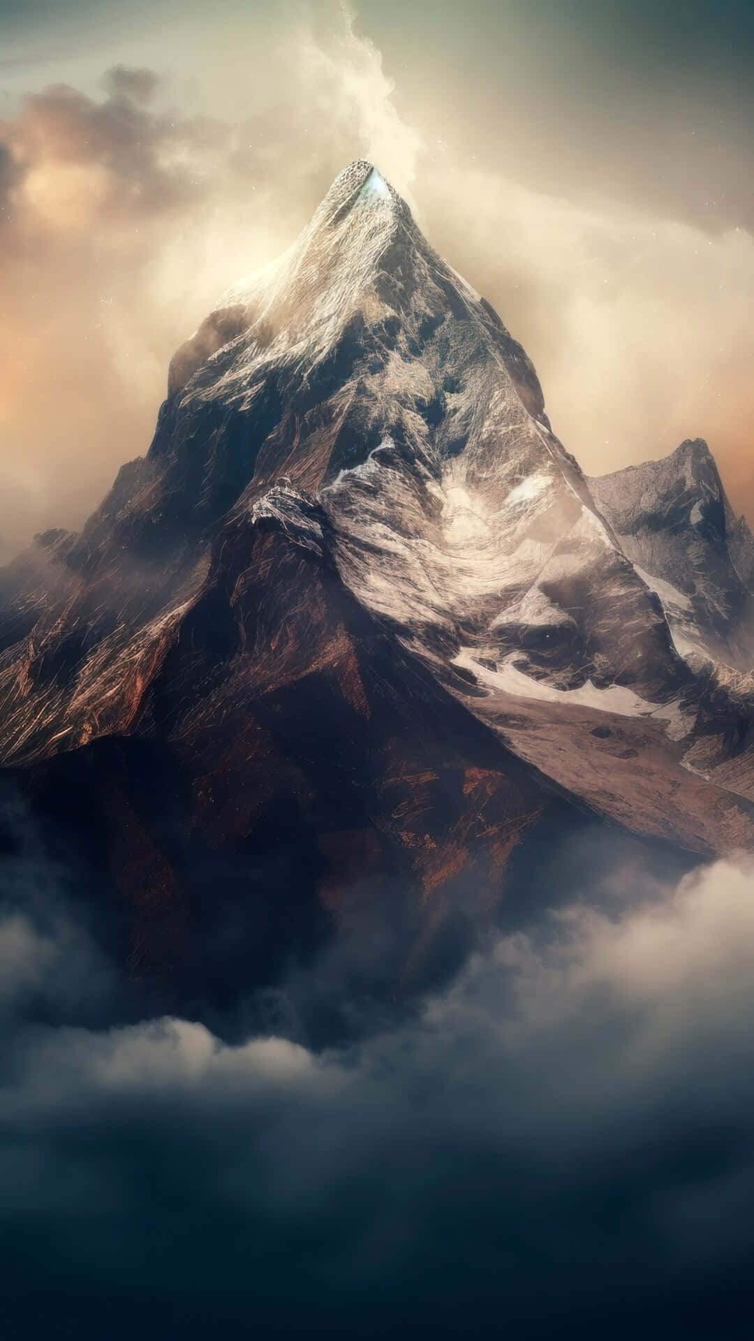  壁紙 — 雄偉的雪山頂峰穿過旋轉的雲層，金色的光芒照亮其崎嶇的山坡。