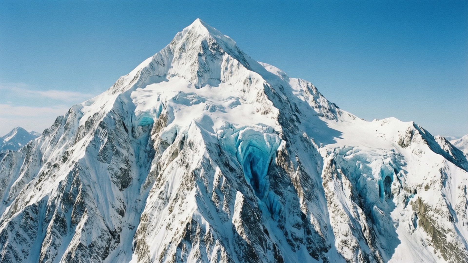 Aerial Snow Pyramid 壁紙 — 雄偉的雪山山峰，在清澈的藍天下有深藍色的冰河。