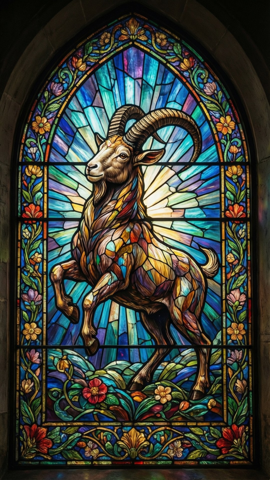 Stained Glass Capricorn 壁紙 — 一幅宏偉的彩繪玻璃窗描繪了一隻長著彎曲角的山羊在鮮豔的花卉圖案和燦爛的藍色光線中跳躍。