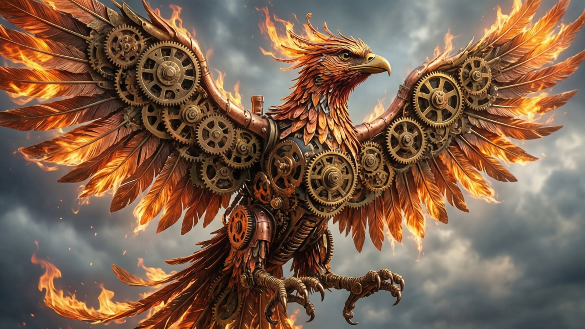 Brass Steampunk Phoenix 壁紙 — 一隻雄偉的蒸氣龐克鳳凰，銅齒輪嵌入火橙色翅膀，在暴風雨的灰色天空中翱翔。
