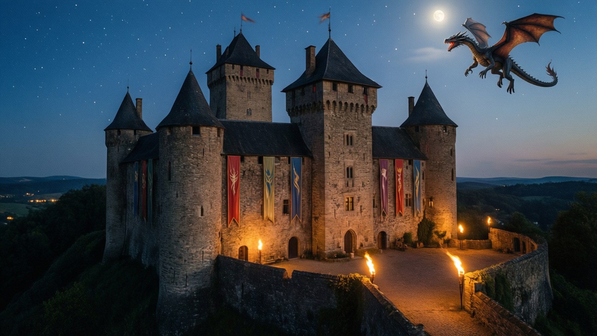 Castle Twilight Dragon 壁紙 — 一座宏偉的石城堡在星空下被火炬照亮，一條巨龍在上方翱翔。