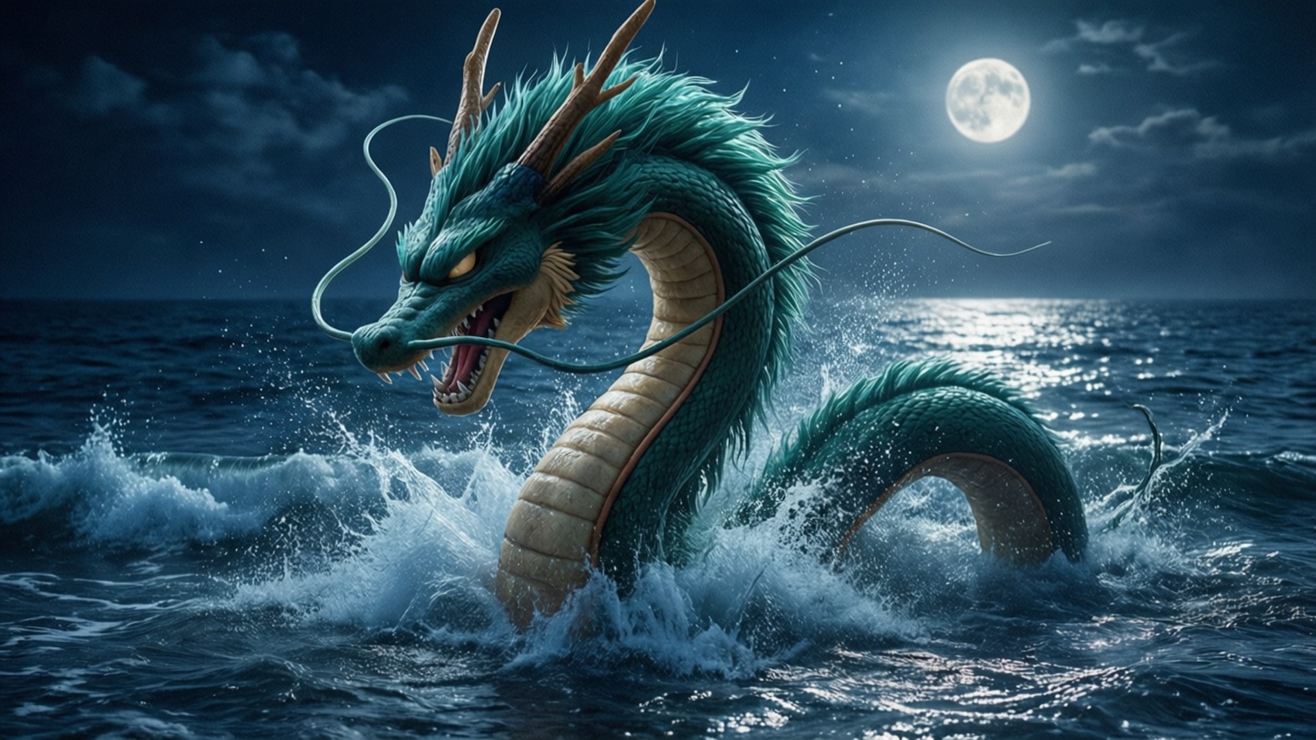 Shenron 桌布 壁紙 — 一頭雄偉的青綠色龍從暴風雨的海浪中升起，在散發詭異藍光的滿月下。
