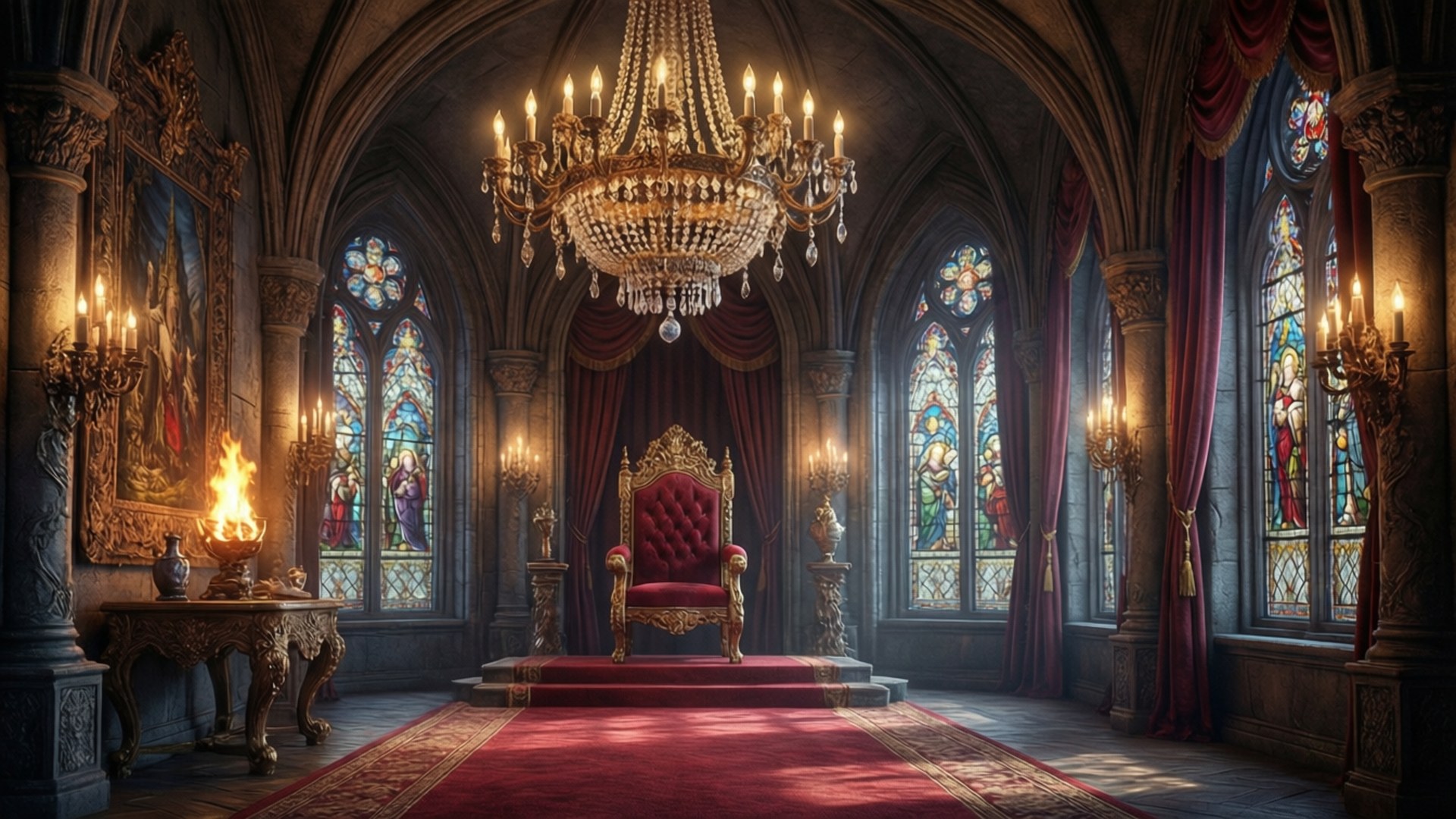 Grand Castle Throne Room 壁紙 — 宏偉的寶座廳，紅色天鵝絨寶座位於華麗吊燈下，兩側是彩繪玻璃窗和燭台。