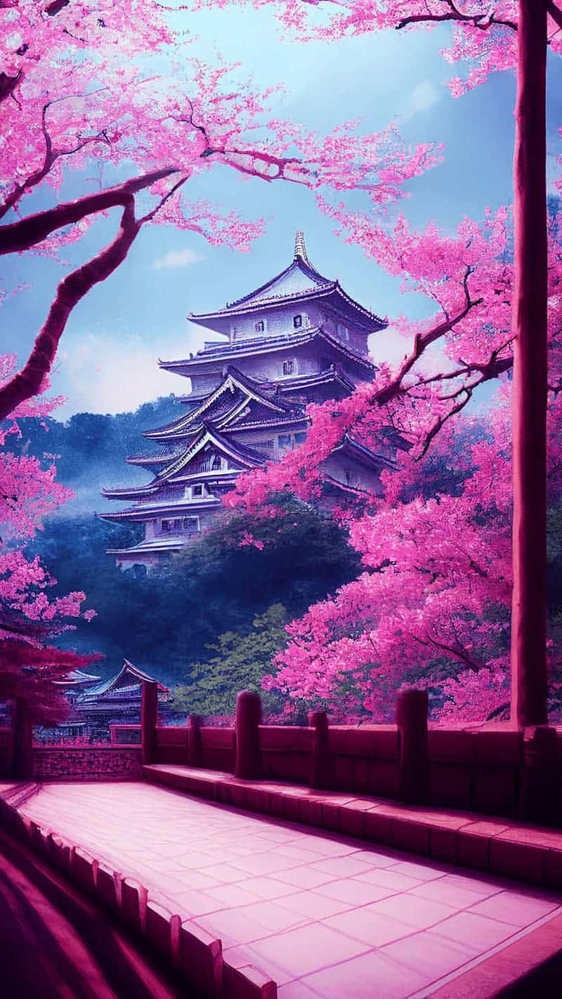  壁紙 — 一座雄偉的傳統日本城堡，在柔和的藍天下被鮮豔的粉紅色櫻花環繞。